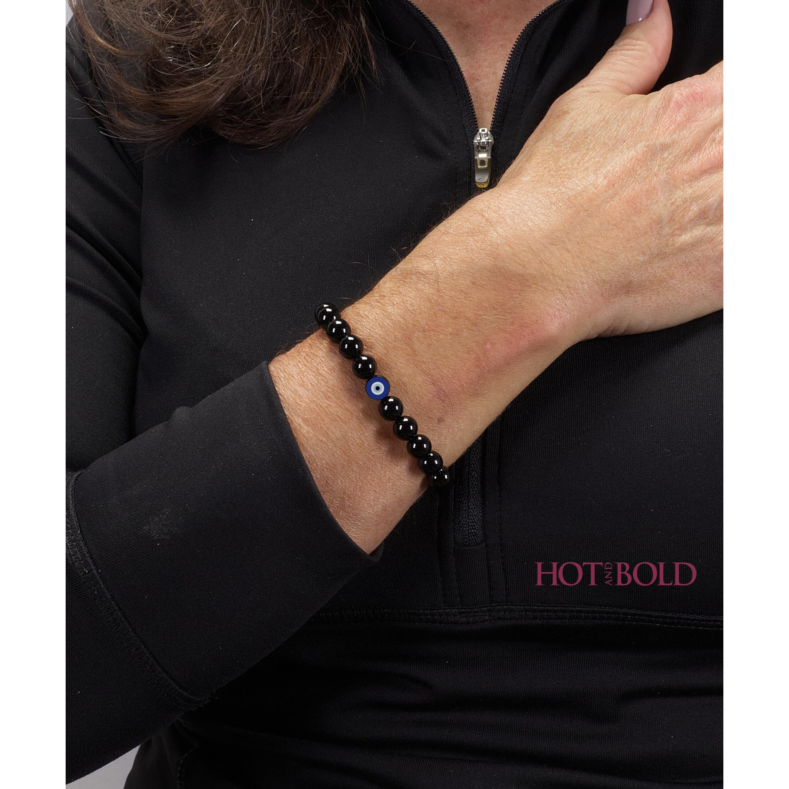Hot And Bold Unisex Adult Natural Stone Bead Evil Eye Couple Combo Bracelet Set With Certificate - Embrace Harmony, Protection, And Positive Energy Together (Rose Quartz & Black Tourmaline)