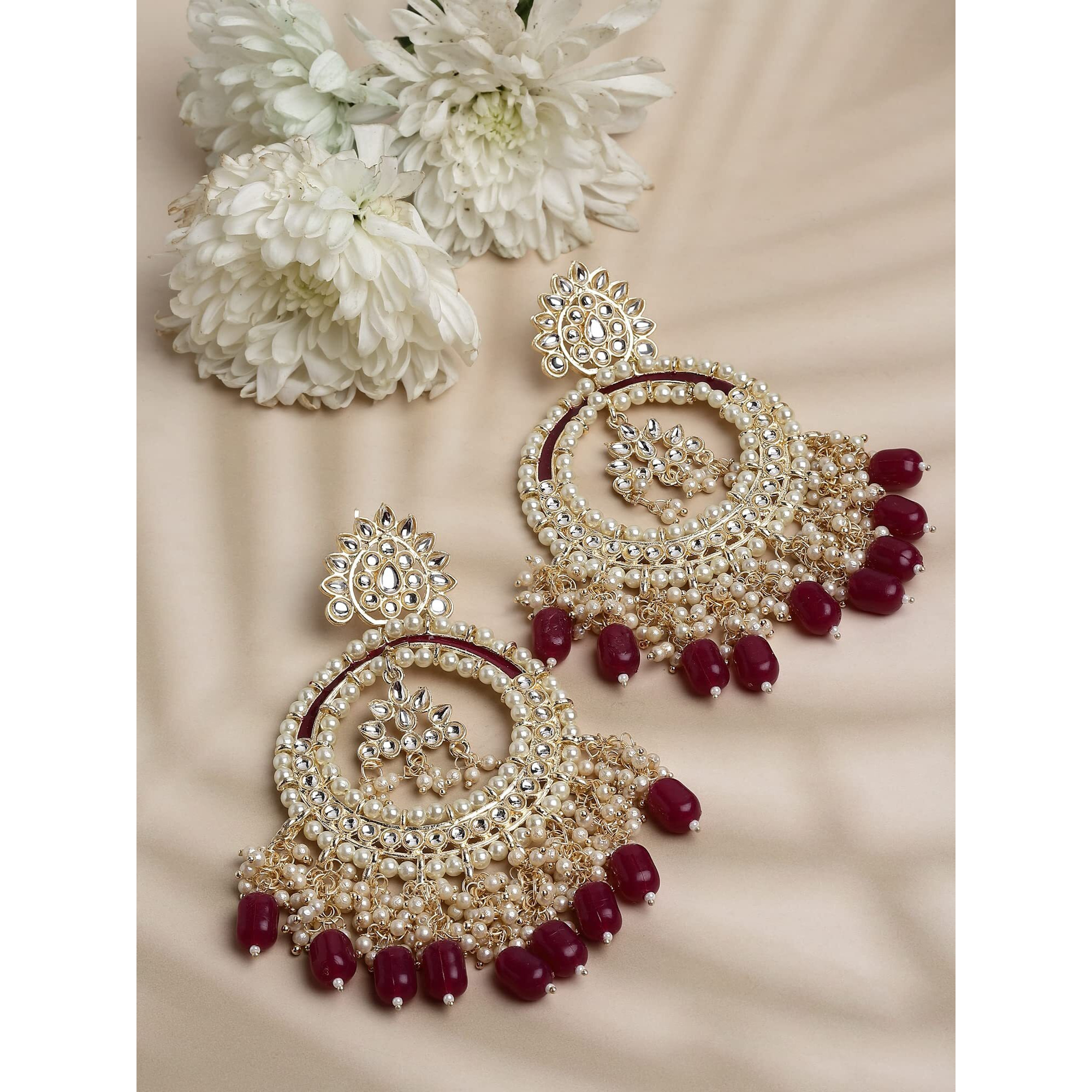 Shining Diva Fashion Latest Stylish Traditional Kundan Earrings for Women and Girls (14068er)(Maroon)