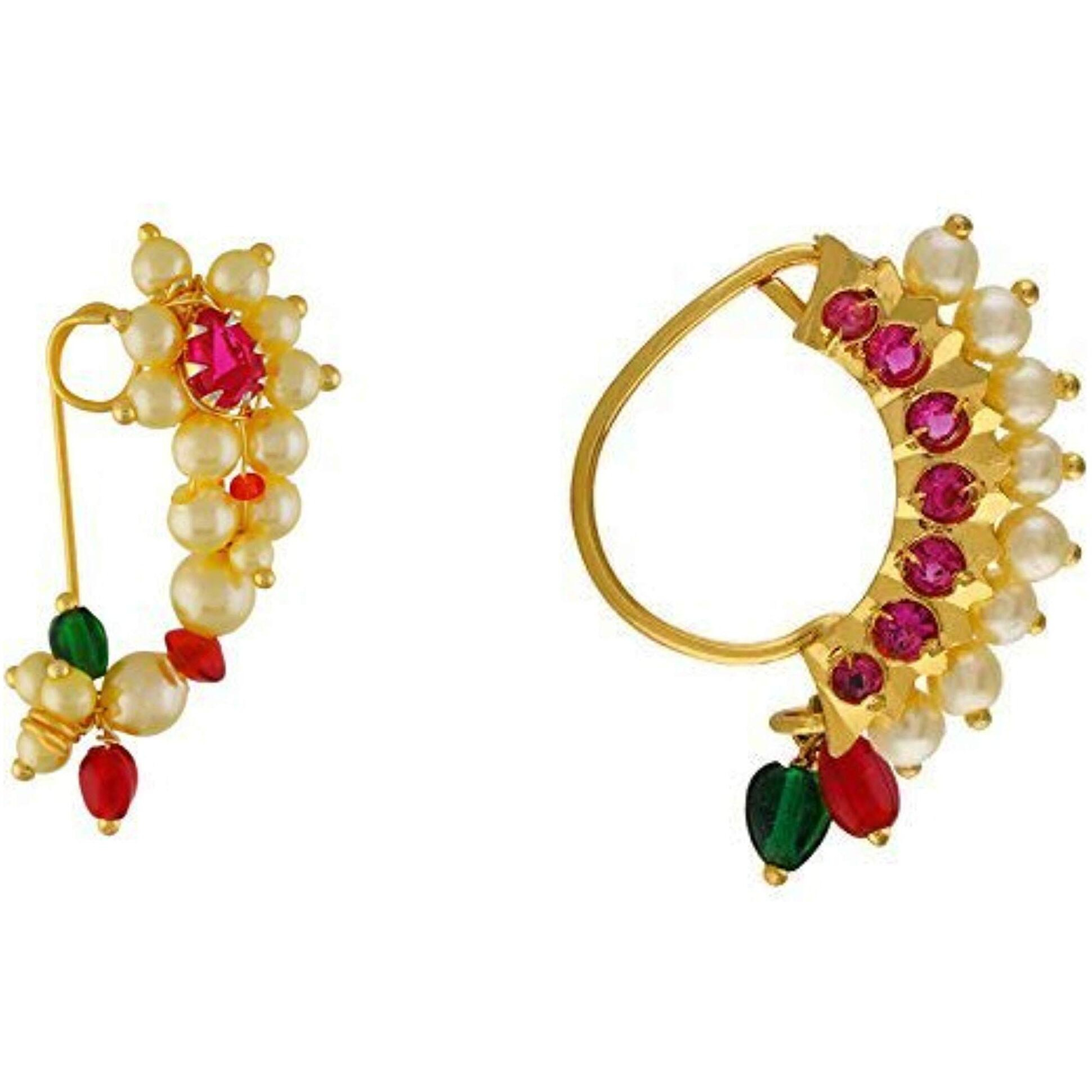 Vail Creations Big Size Traditional Maharashtrian Nose ring without piercing Pearl Gold Plated Nath Clip On Nose Ring For Women (Combo of 2)