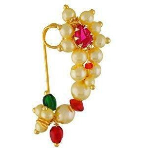 Vail Creations Big Size Traditional Maharashtrian Nose ring without piercing Pearl Gold Plated Nath Clip On Nose Ring For Women (Combo of 2)