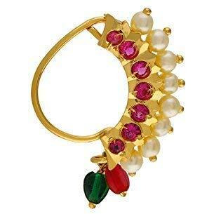 Vail Creations Big Size Traditional Maharashtrian Nose ring without piercing Pearl Gold Plated Nath Clip On Nose Ring For Women (Combo of 2)