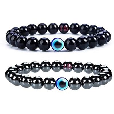 Hot And Bold Multilayered Couple Evil Eye Beads Combo Bracelet Set. Embrace Harmony, Protection, and Positive Energy Together for Him & Her. (Gemstone Fusion Bracelet (Hematite & Onyx))