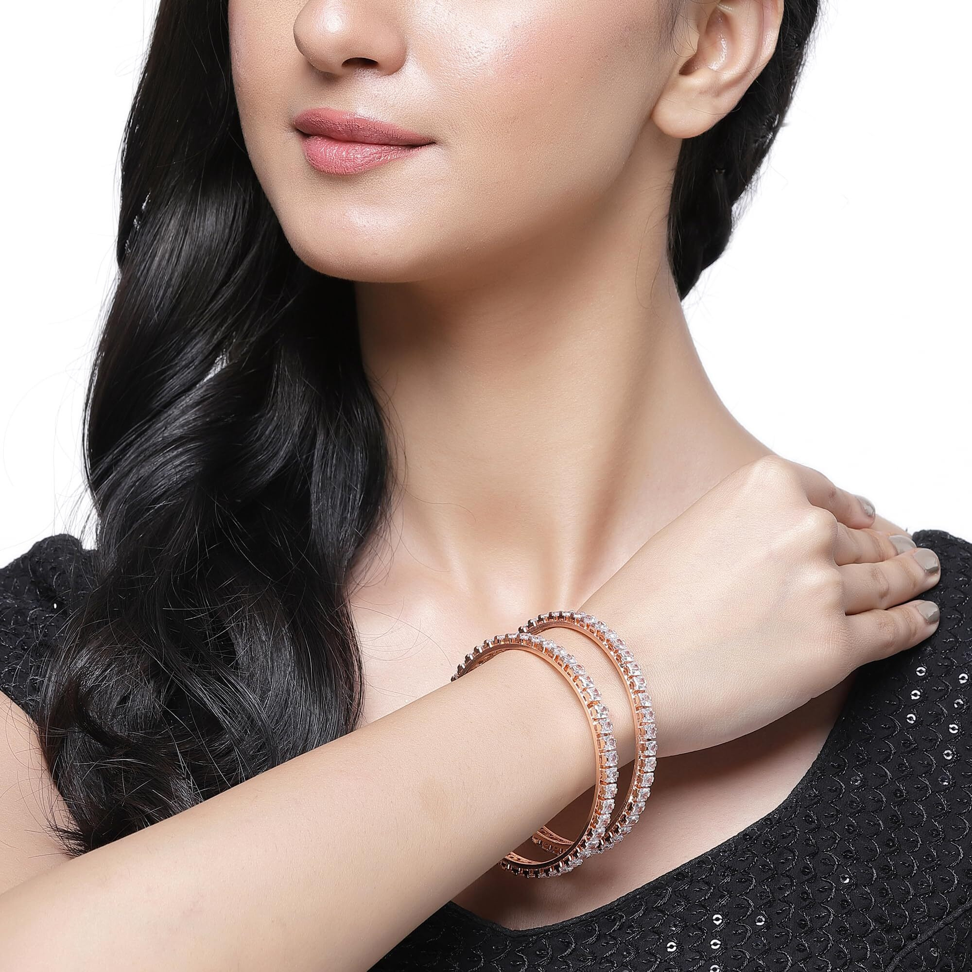 ZENEME Set of 2 Rose Gold-Plated Lime Green & Pink Artificial Stones studded Bangles for Women & Girls (2.4) (Style_01, 2.8 Inches)