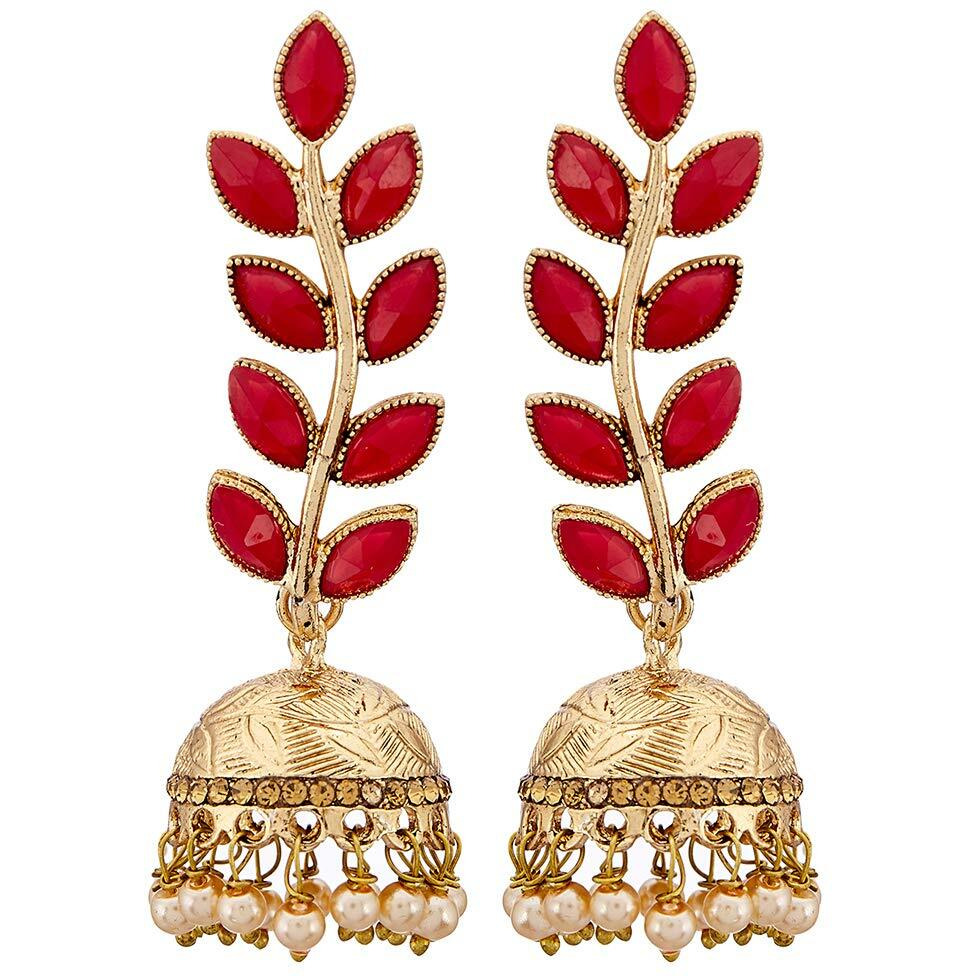 ZENEME Antique Rhodium Plated Dangler and Jhumka styled Earrings for girls and women (Red-Gold)