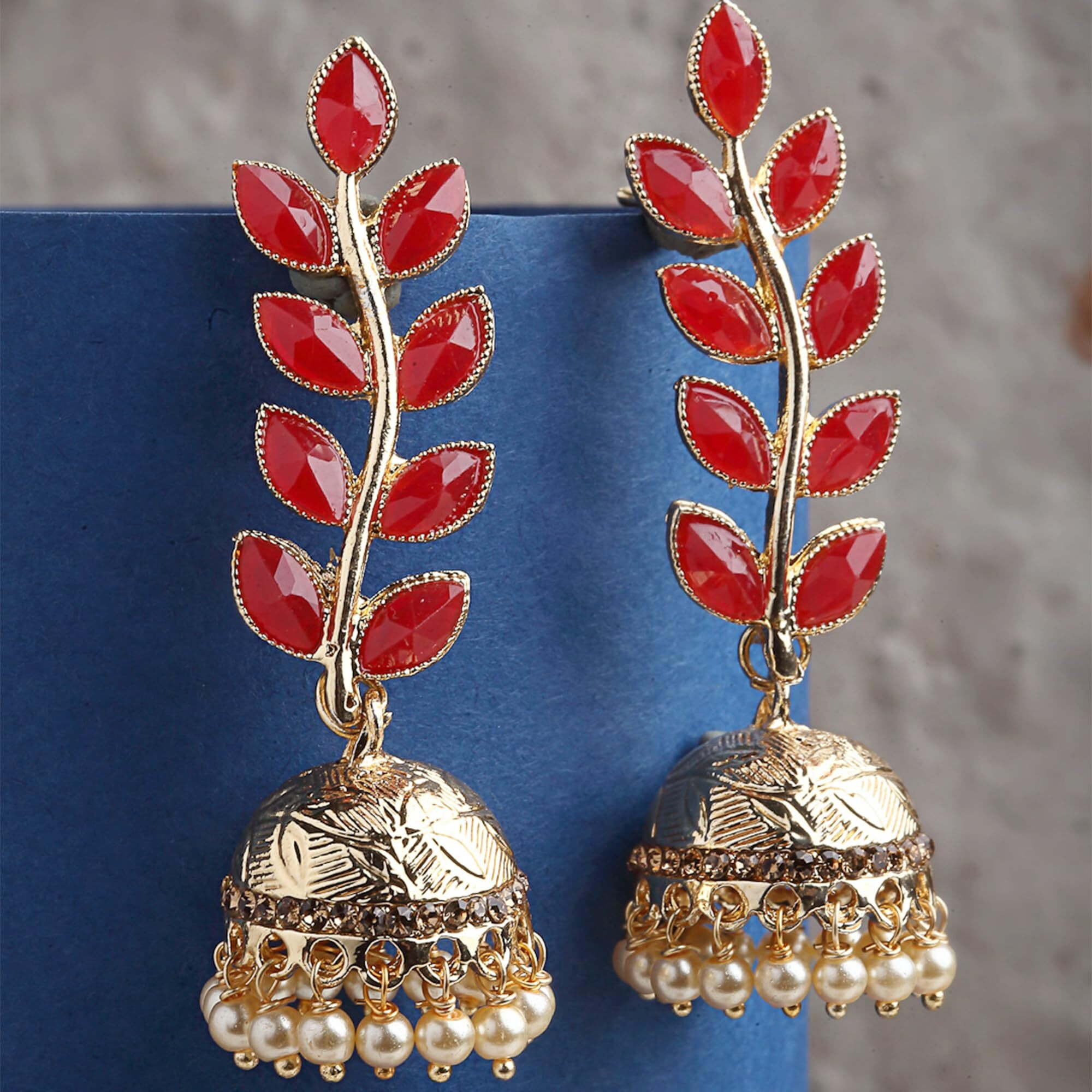 ZENEME Antique Rhodium Plated Dangler and Jhumka styled Earrings for girls and women (Red-Gold)