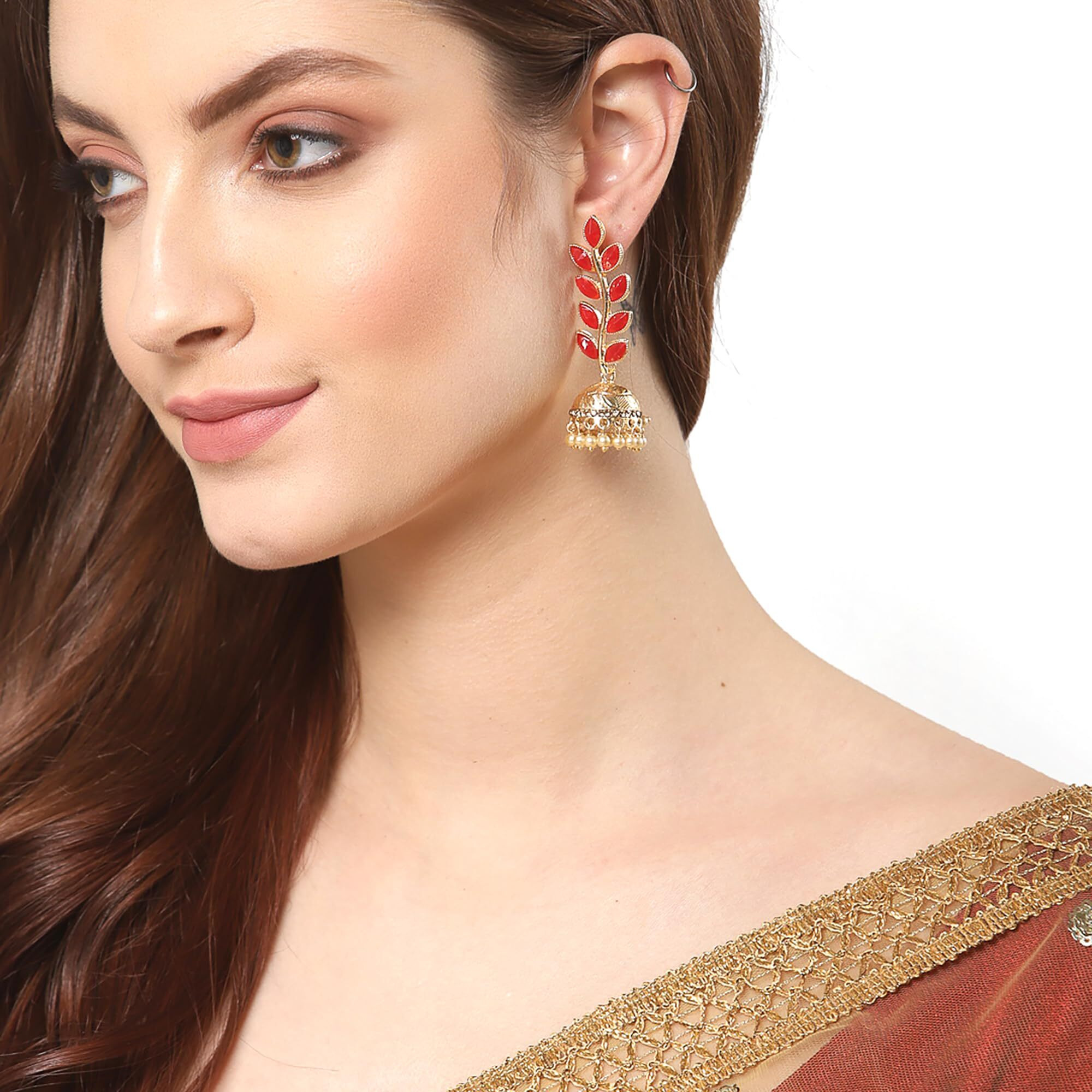 ZENEME Antique Rhodium Plated Dangler and Jhumka styled Earrings for girls and women (Red-Gold)