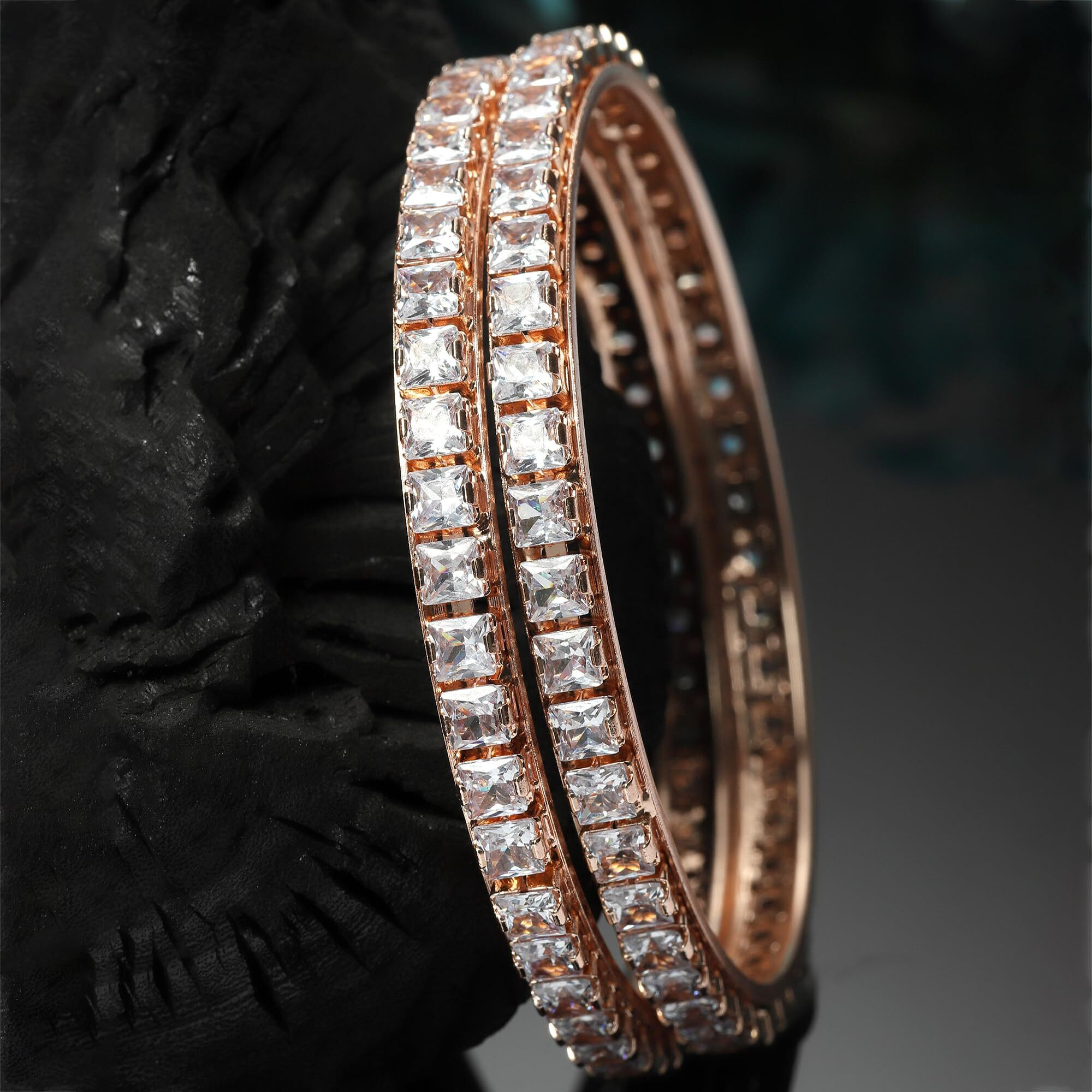 ZENEME Set of 2 Rose Gold-Plated Lime Green & Pink Artificial Stones studded Bangles for Women & Girls (2.4) (Style_01, 2.6 Inches)