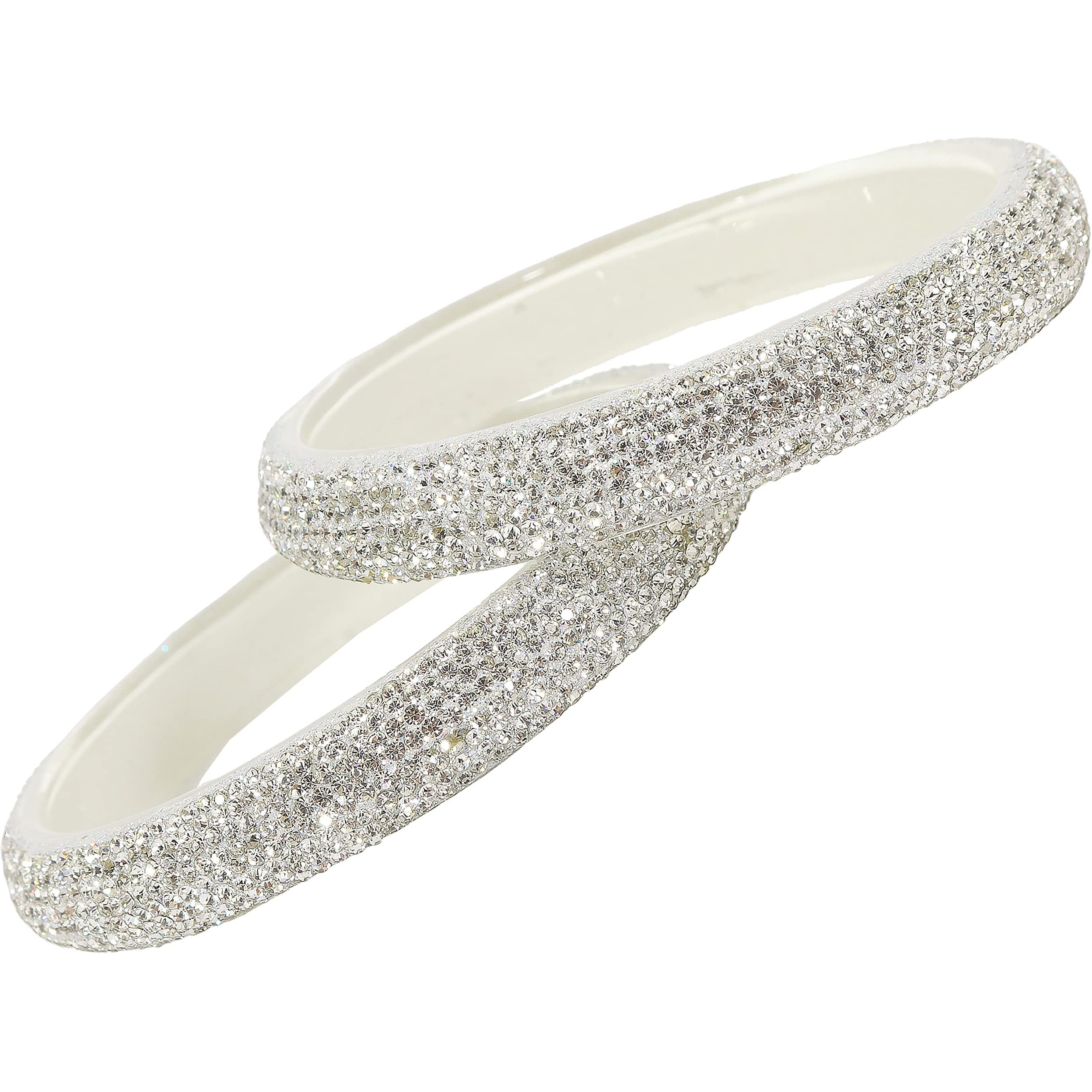 NMII Glass with Zircon Gemstone and Glitter Kada Set For Women and Girls, (NAB79-Silver-2.8 Inches), Pack Of 2 Kada Set