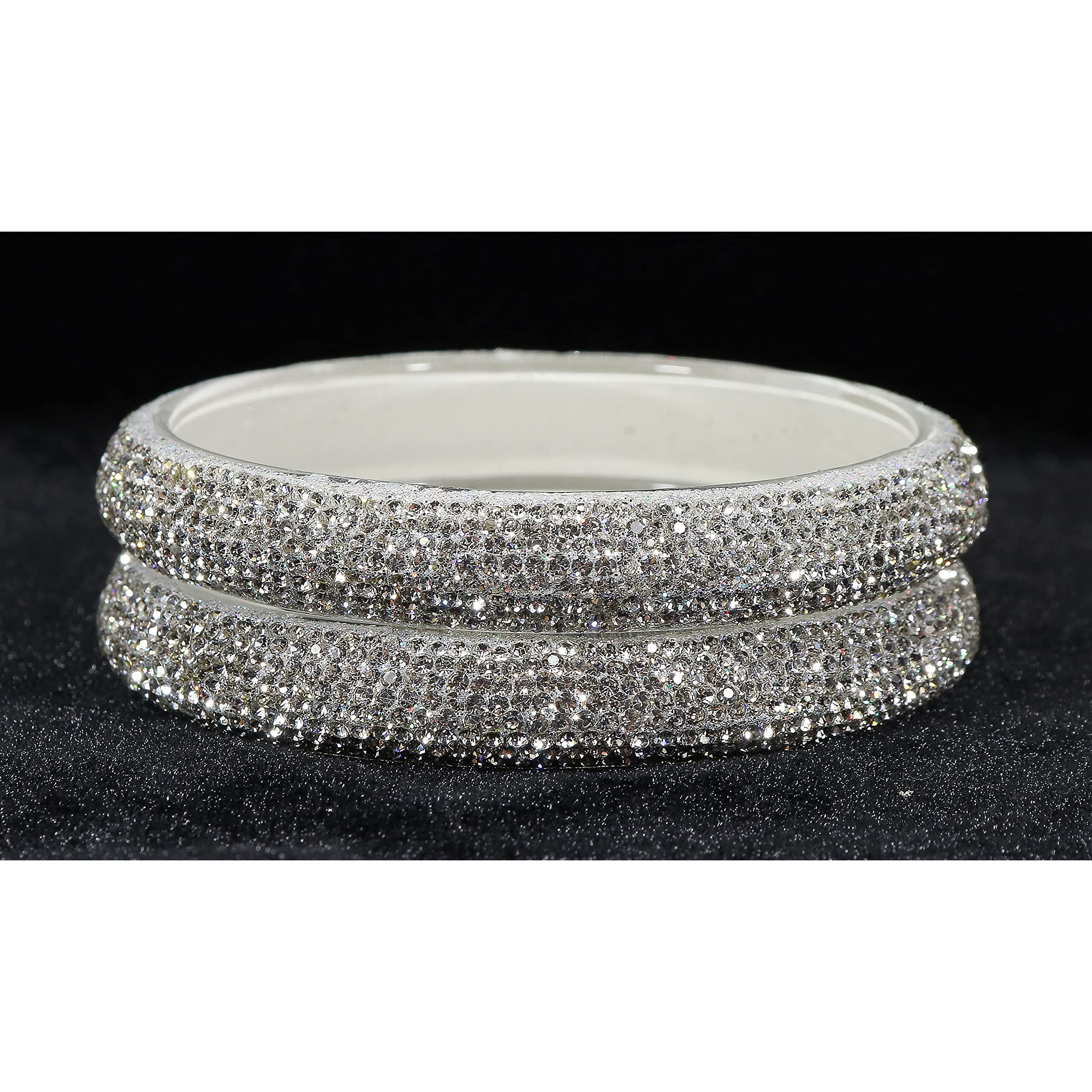 NMII Glass with Zircon Gemstone and Glitter Kada Set For Women and Girls, (NAB79-Silver-2.8 Inches), Pack Of 2 Kada Set