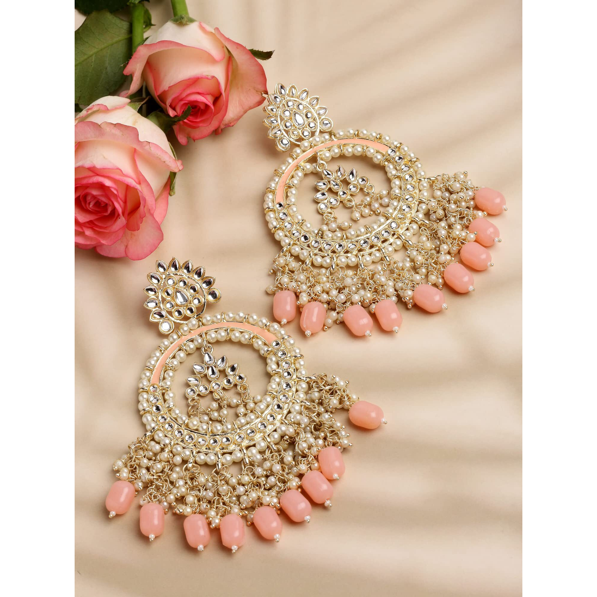Shining Diva Fashion Latest Stylish Traditional Kundan Earrings for Women and Girls (14070er)(Peach)