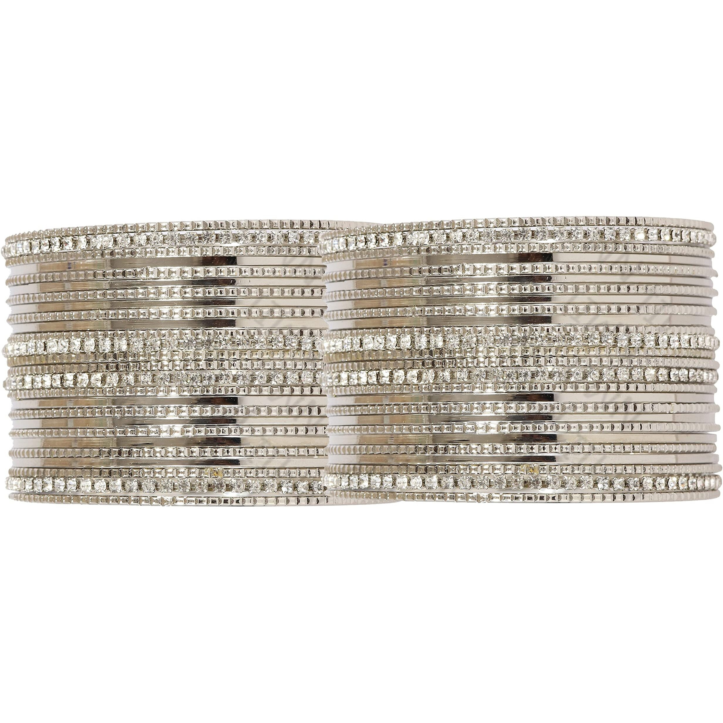 NMII Non-Precious Metal Base Metal with Zircon Gemstone Studded Worked Glossy Finished Bangle Set For Women and Girls, (Silver_2.2 Inches), Pack Of 52 Bangle Set