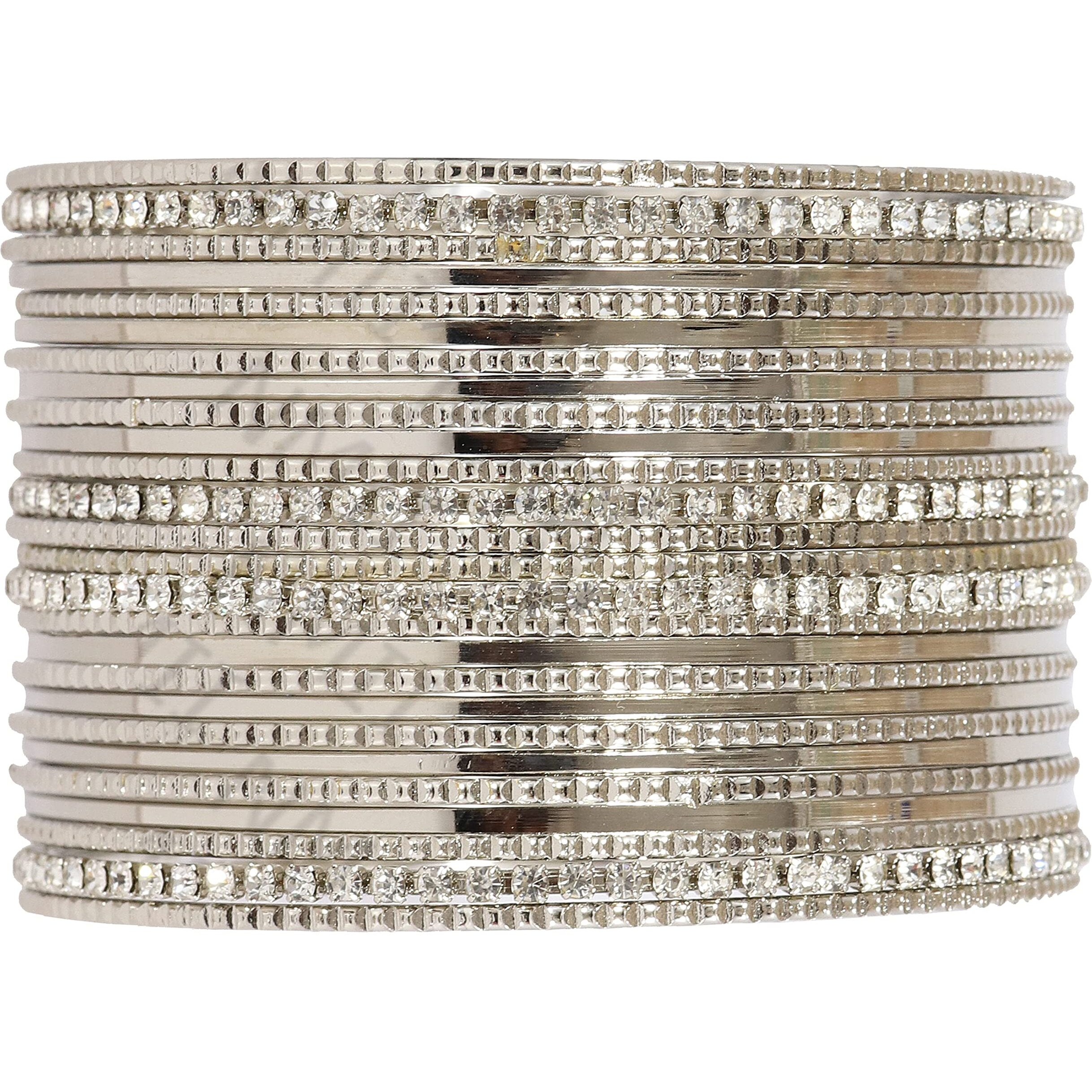 NMII Non-Precious Metal Base Metal with Zircon Gemstone Studded Worked Glossy Finished Bangle Set For Women and Girls, (Silver_2.2 Inches), Pack Of 52 Bangle Set