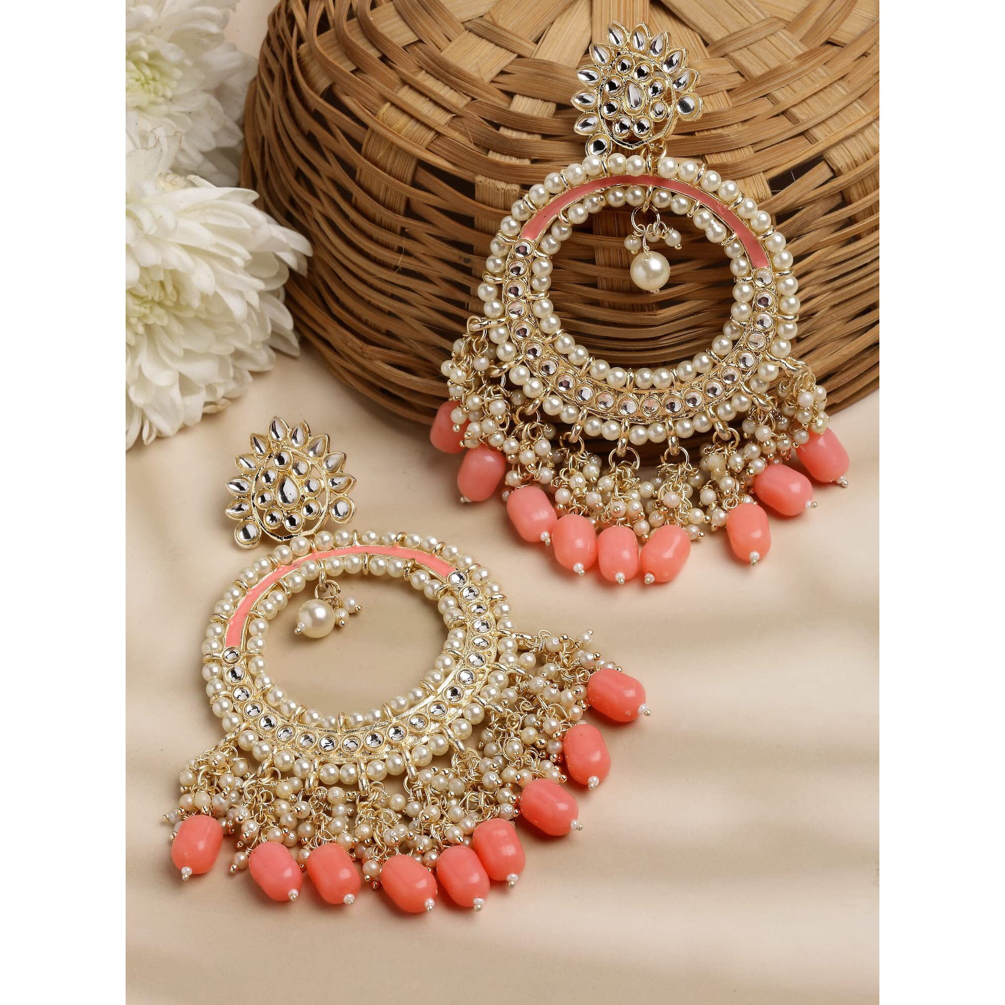 Shining Diva Fashion Latest Stylish Traditional Kundan Earrings for Women and Girls (14065er)(Peach)