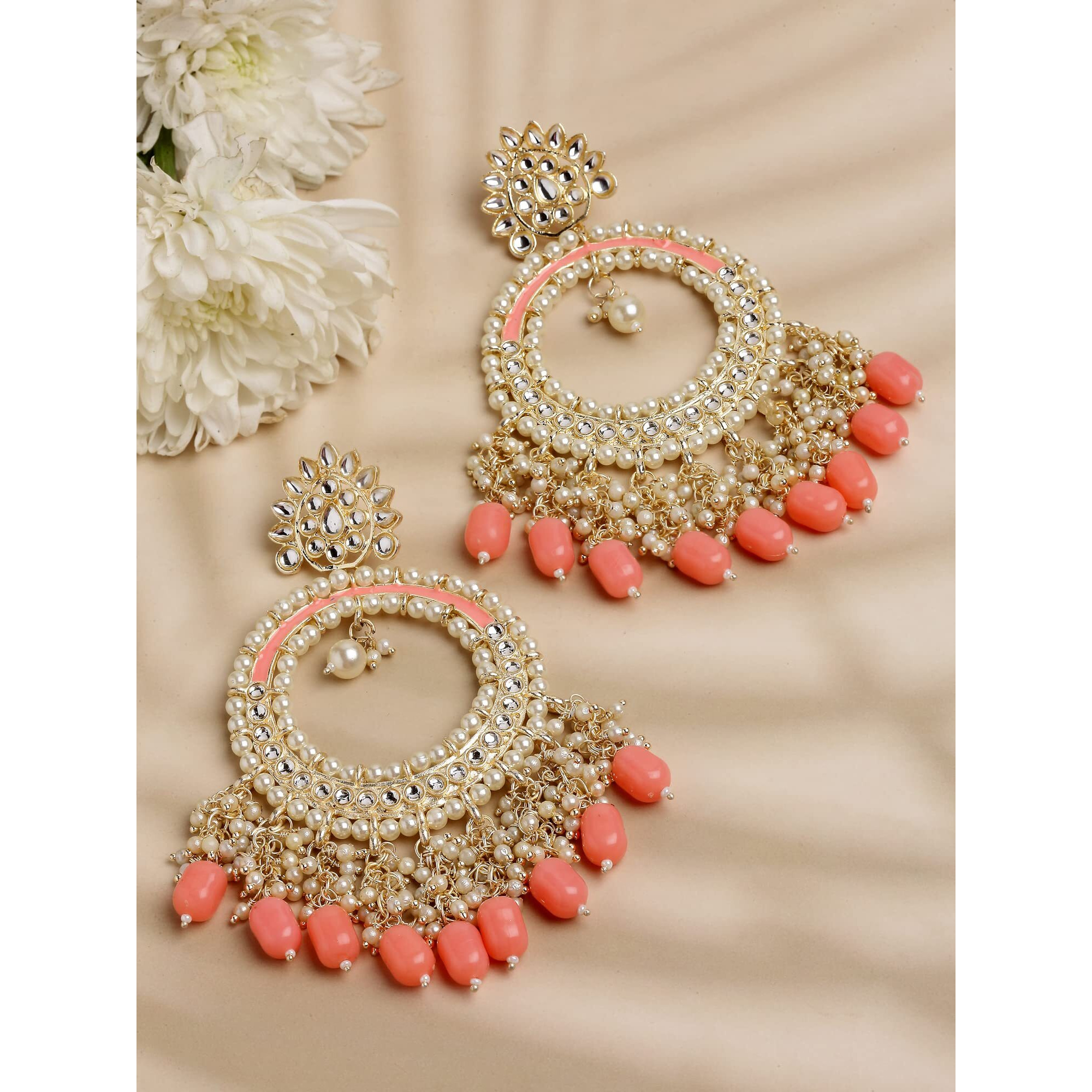 Shining Diva Fashion Latest Stylish Traditional Kundan Earrings for Women and Girls (14065er)(Peach)