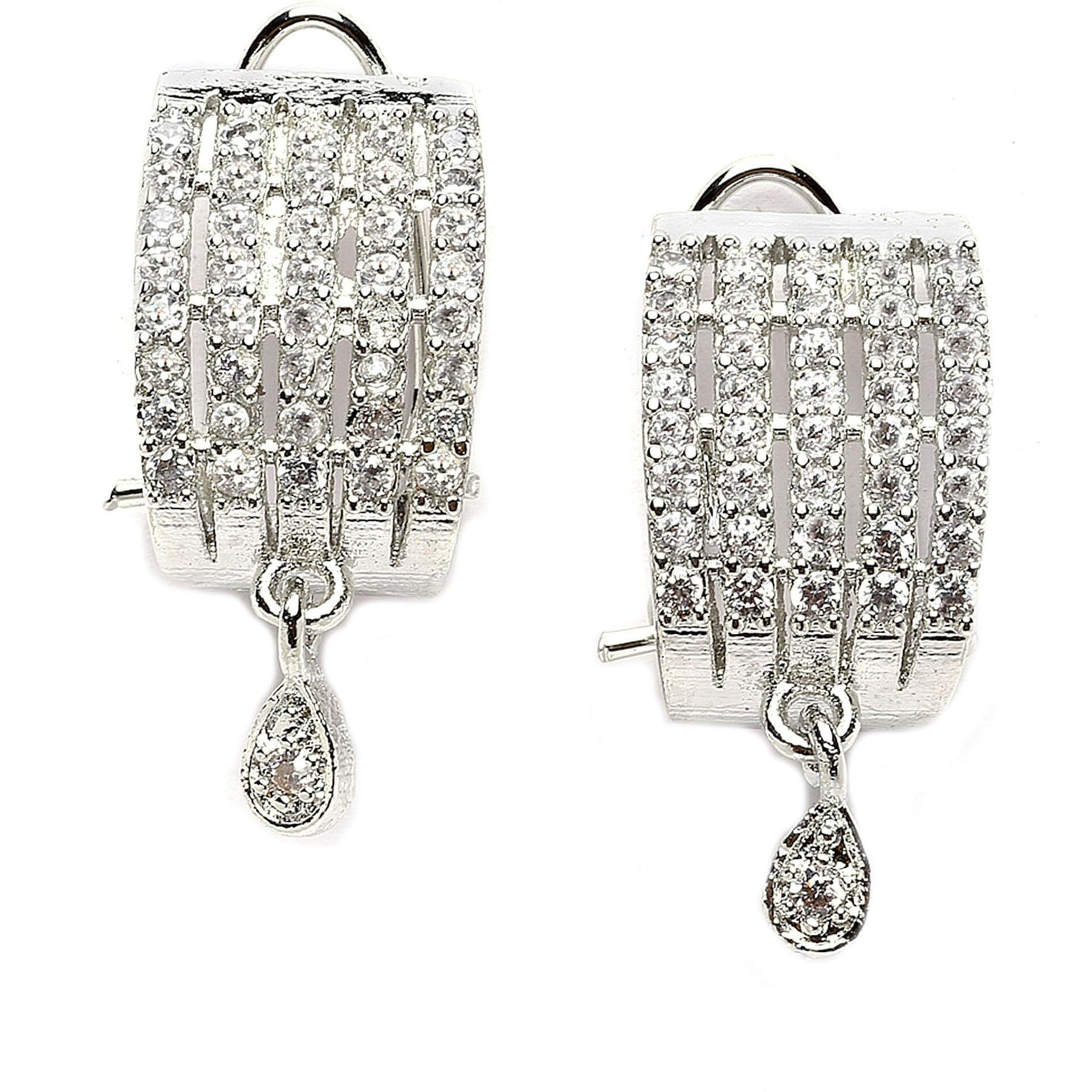 Zeneme Rhodium-Plated Silver Toned White American Diamond studded Teardrop Shaped Studs Earrings with Girls and Women (Silver)