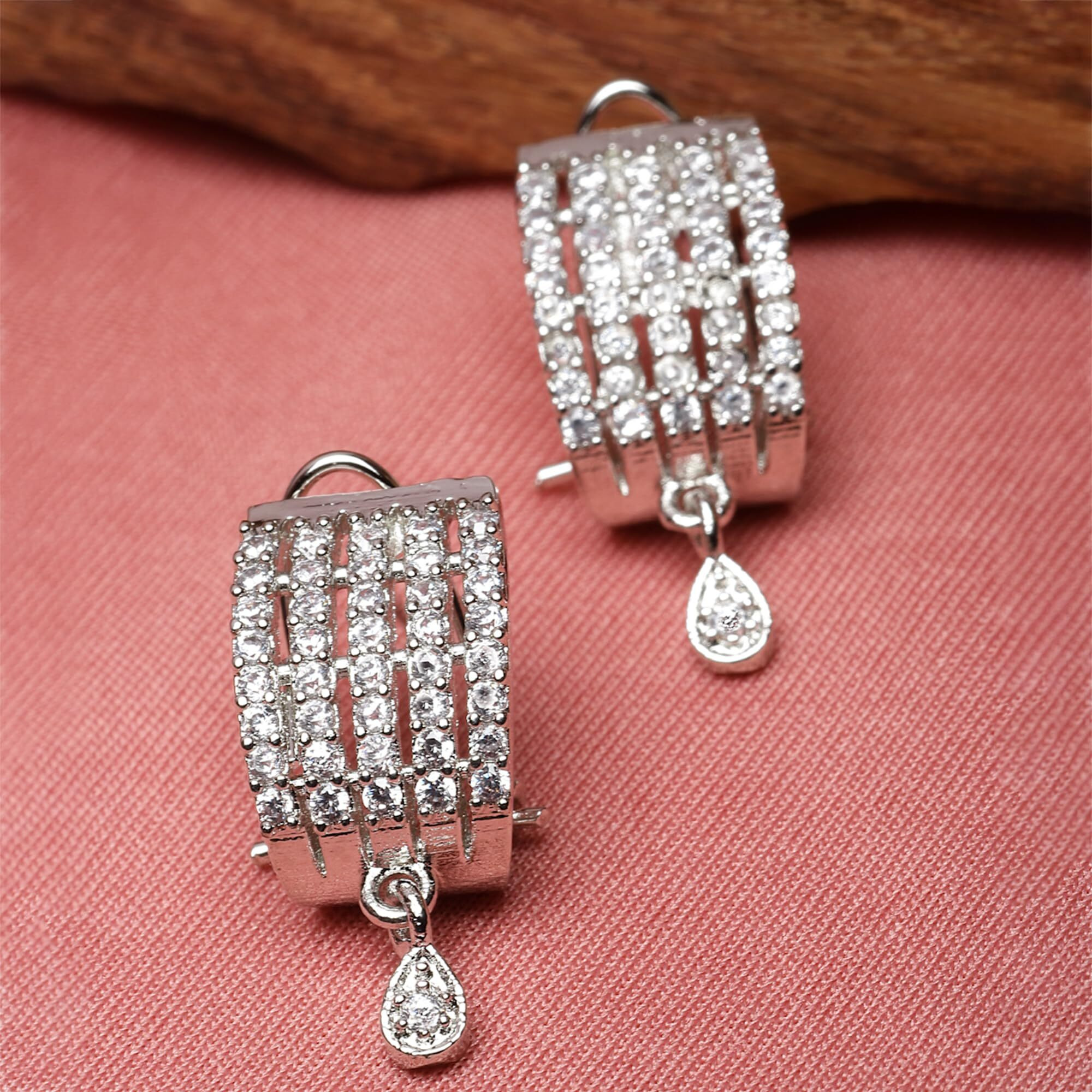 Zeneme Rhodium-Plated Silver Toned White American Diamond studded Teardrop Shaped Studs Earrings with Girls and Women (Silver)