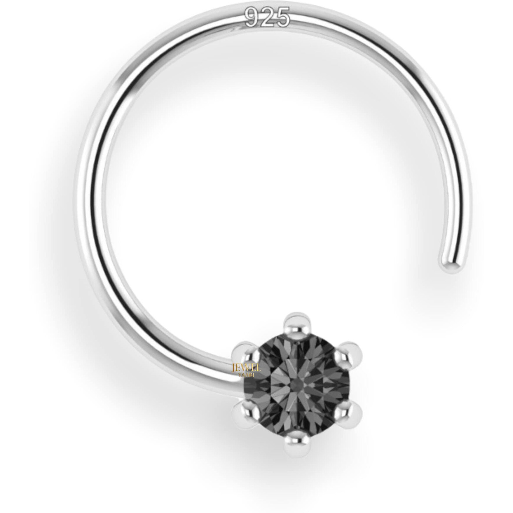 SJ SHUBHAM JEWELLERS 92.5-925 Sterling Silver Round Shape Black Cubic Zirconia Cup Setting Nose Pin Stud for Women Girls (2 MM Black)