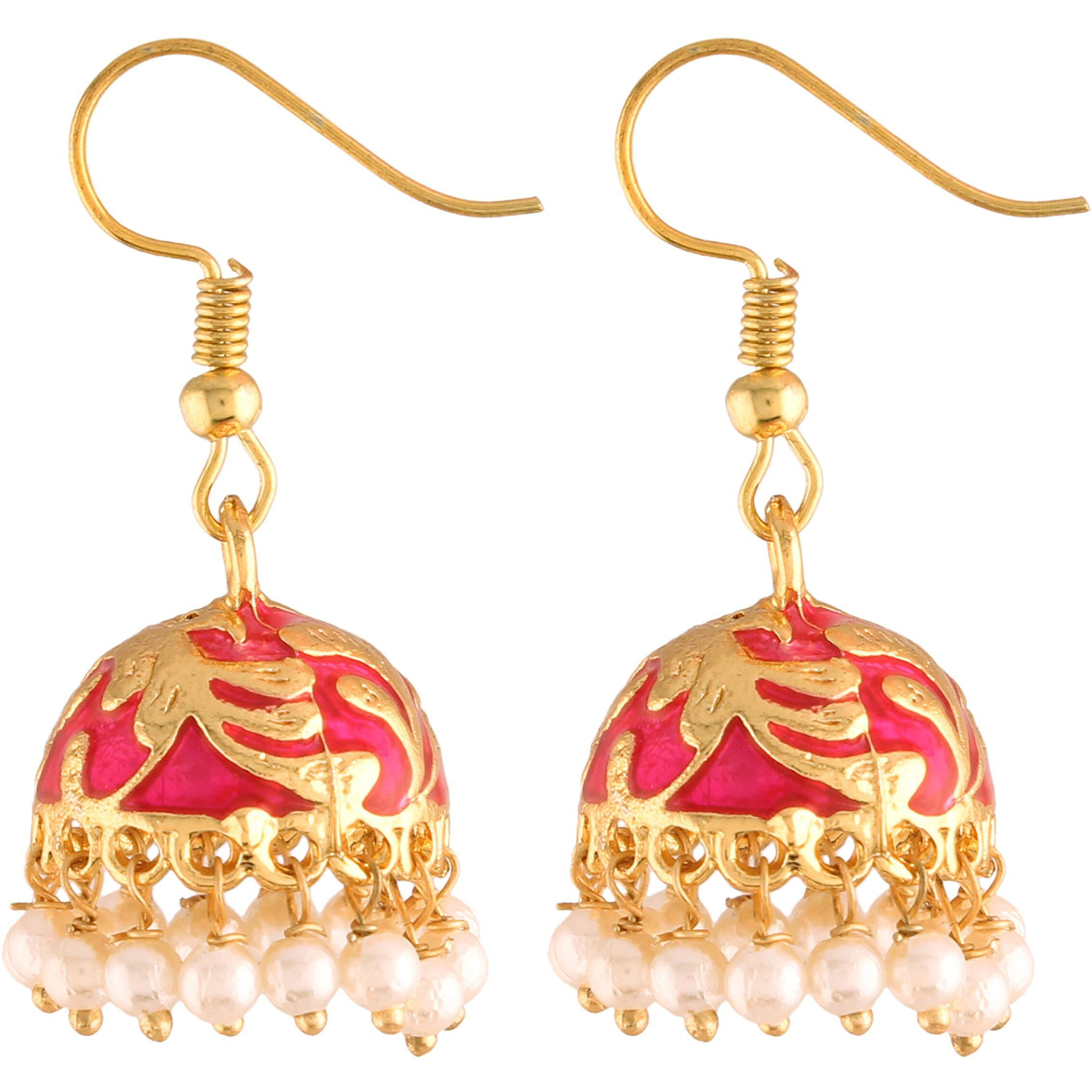 I Jewels 18K Gold Plated Traditional Handcrafted Meena Work Jhumka Earring Glided With Pearls For Women (E2547R)