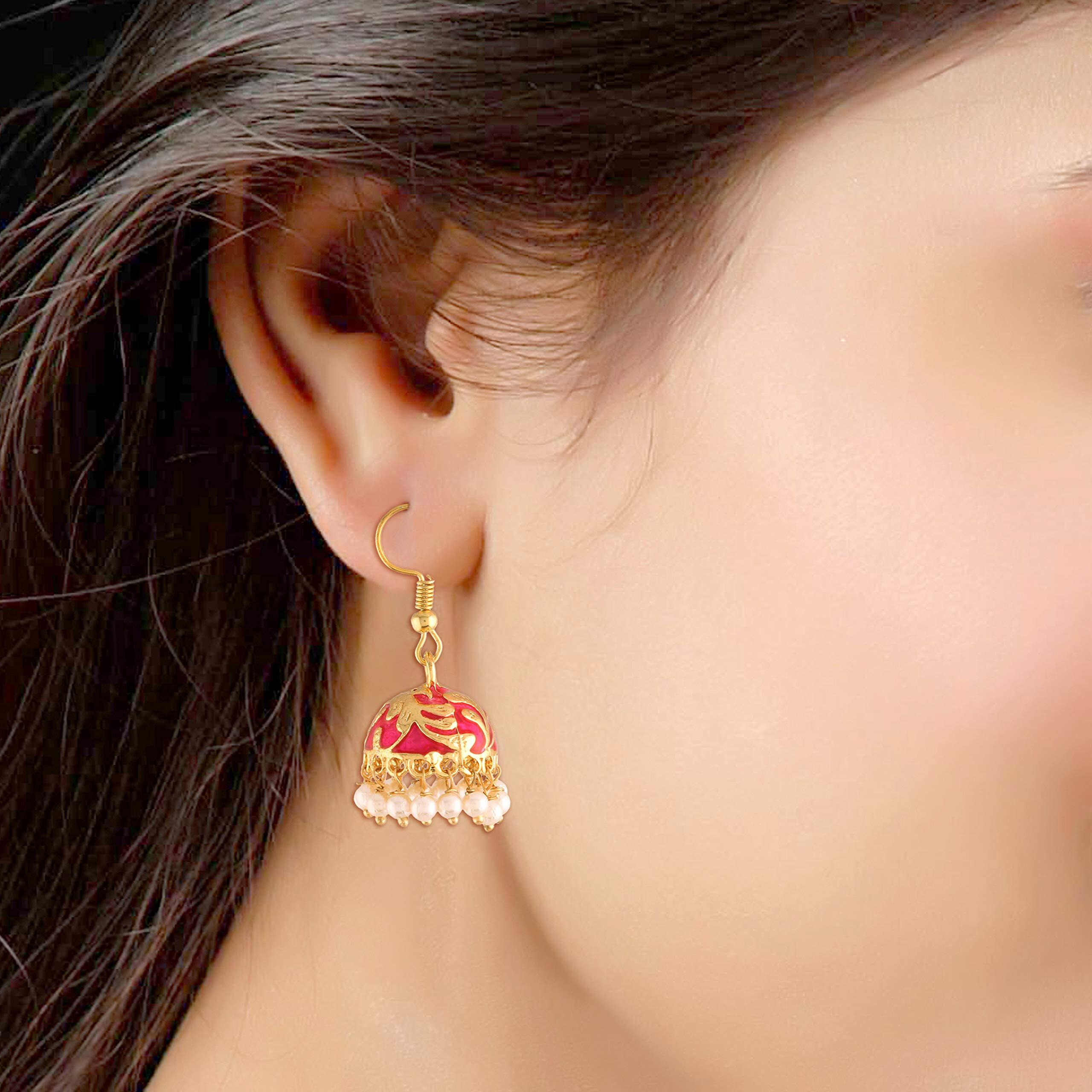 I Jewels 18K Gold Plated Traditional Handcrafted Meena Work Jhumka Earring Glided With Pearls For Women (E2547R)