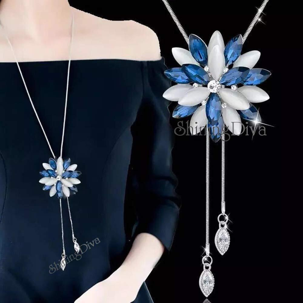 Shining Diva Fashion Stylish Crystal Flower Long Chain Pendant Silver Plated Pendant for Women (Blue, 10734np)