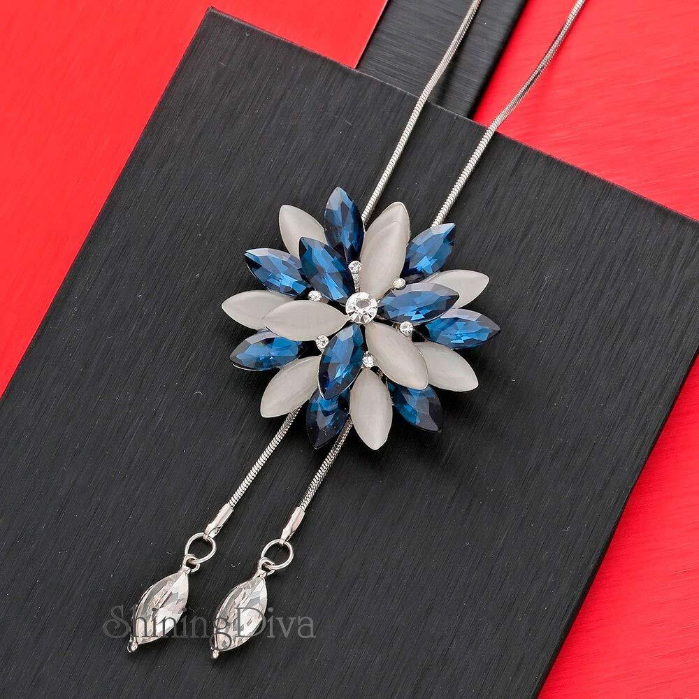 Shining Diva Fashion Stylish Crystal Flower Long Chain Pendant Silver Plated Pendant for Women (Blue, 10734np)