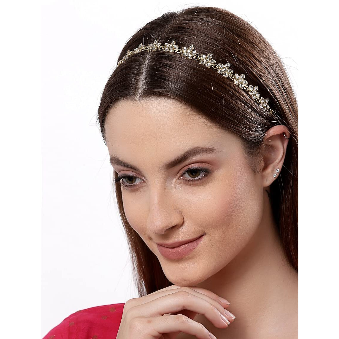 Karatcart Floral Shaped Kundan Studded Gold Plated Metal Hairband for Women