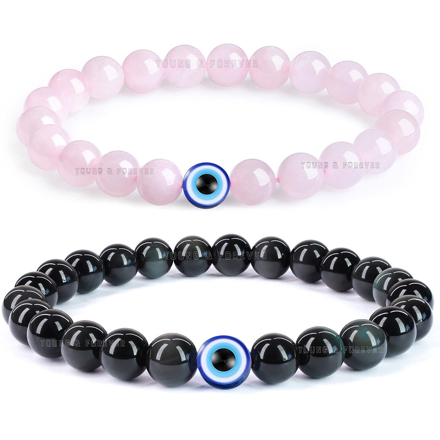 Young & Forever Gift Dvine Evil Eye Beaded Bracelet for Men Onyx Stone Rose Quartz Matching Couples Bracelets Set of 2 for Long Distance Relationships for Best Friends Lovers