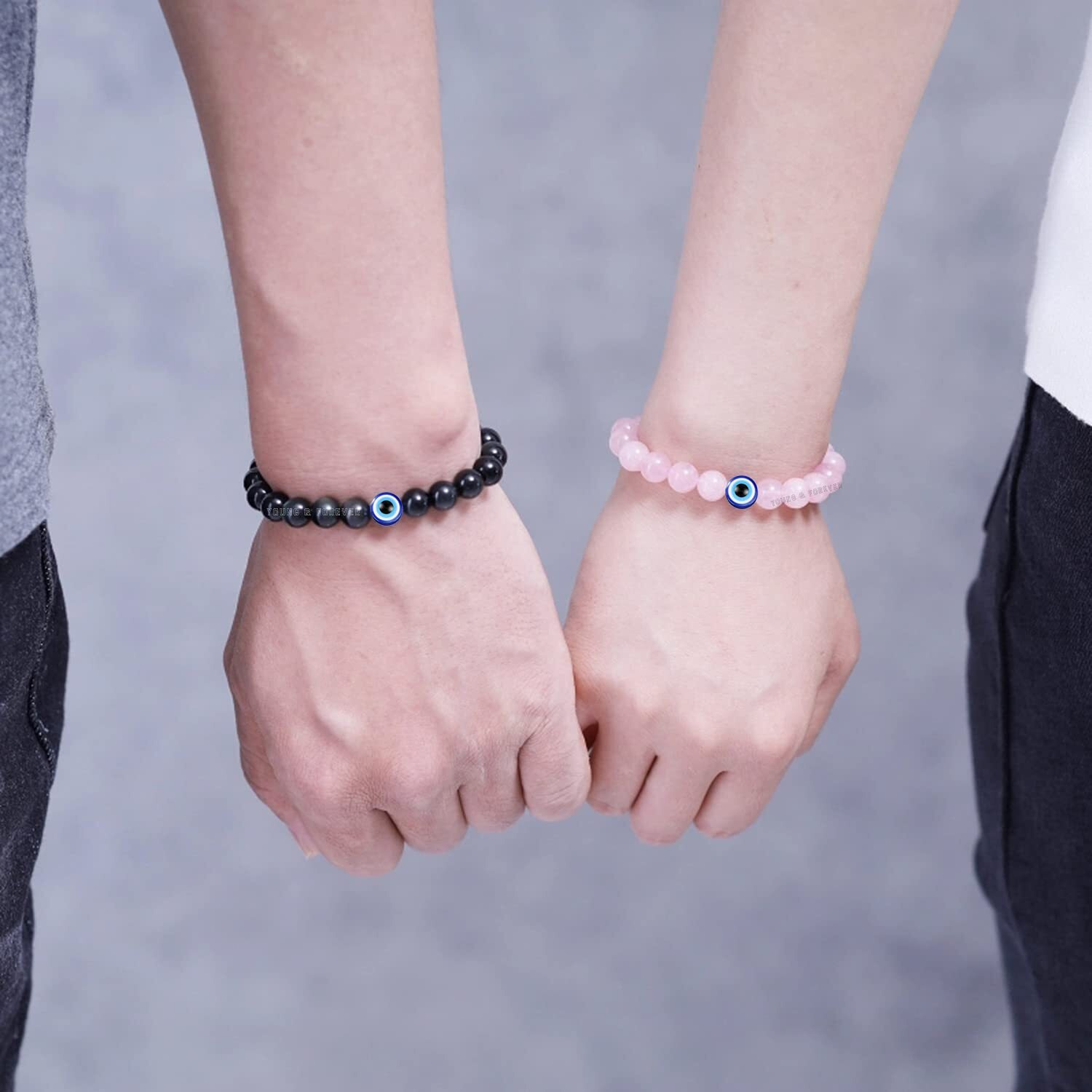 Young & Forever Gift Dvine Evil Eye Beaded Bracelet for Men Onyx Stone Rose Quartz Matching Couples Bracelets Set of 2 for Long Distance Relationships for Best Friends Lovers