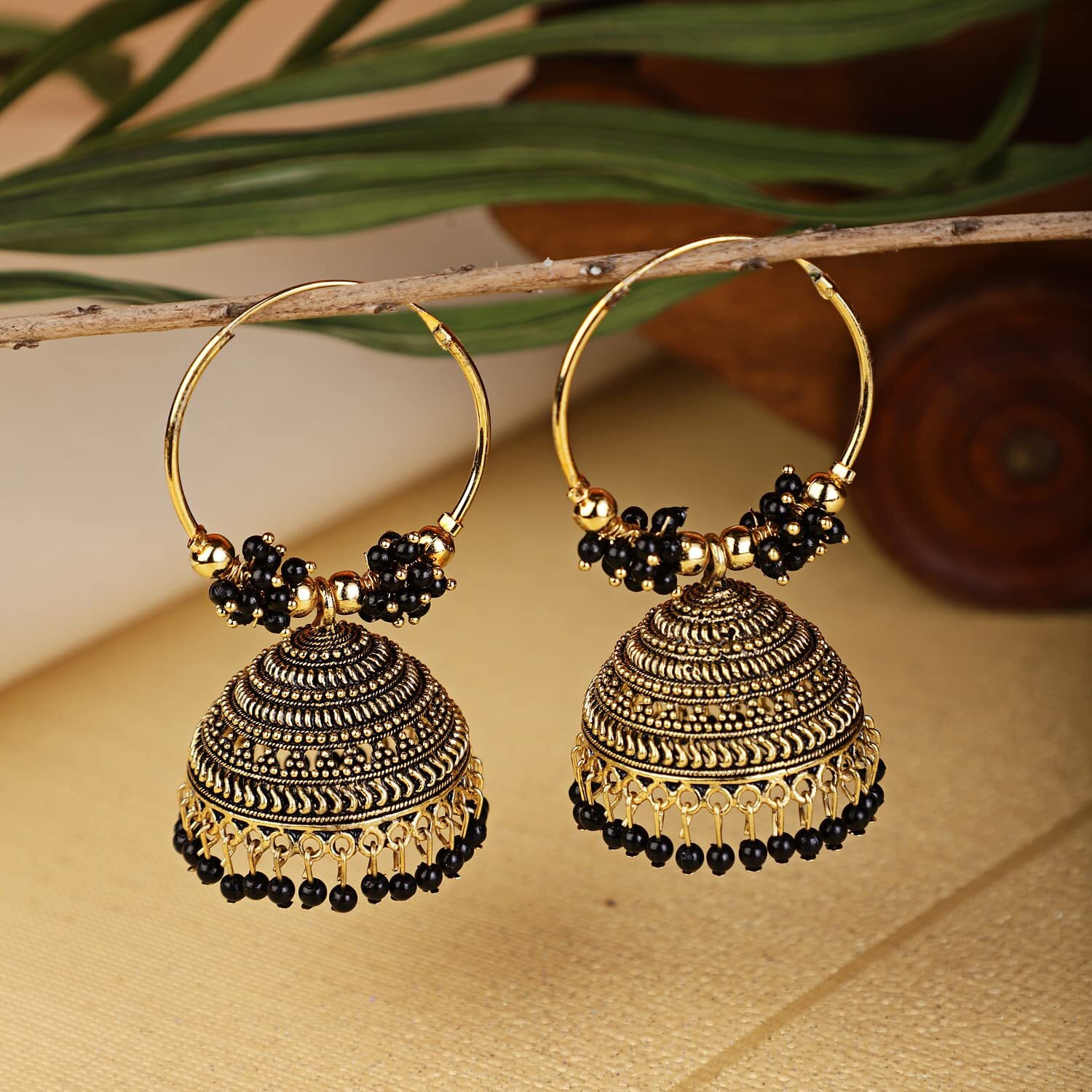 Shining Diva Fashion Latest Stylish Traditional Hoop Jhumki Earrings for Women & Girls (13622er), Gold Black, One Size