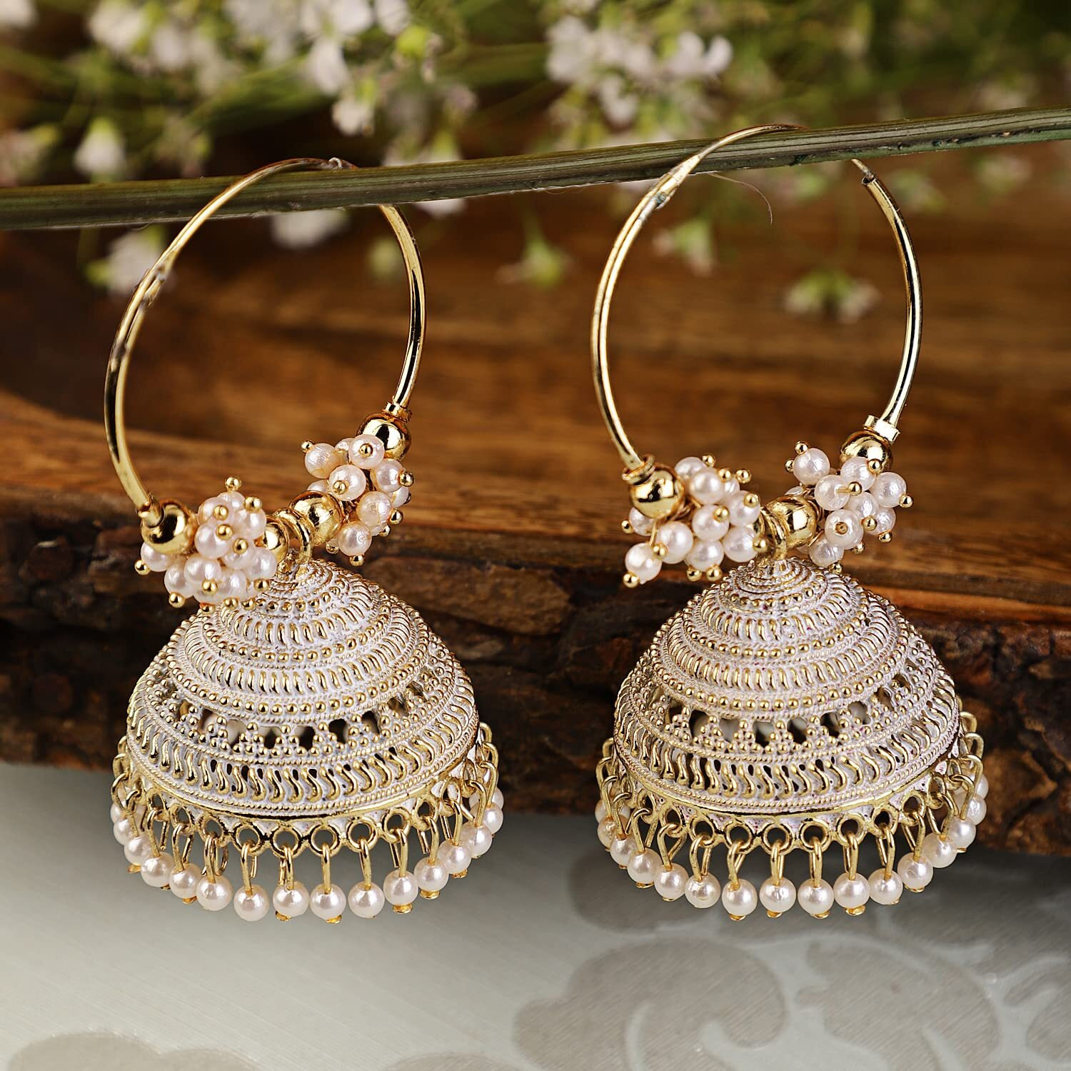 Shining Diva Fashion Latest Stylish Traditional Jhumka Jhumki Earrings for Women & Girls (13623er), Gold White
