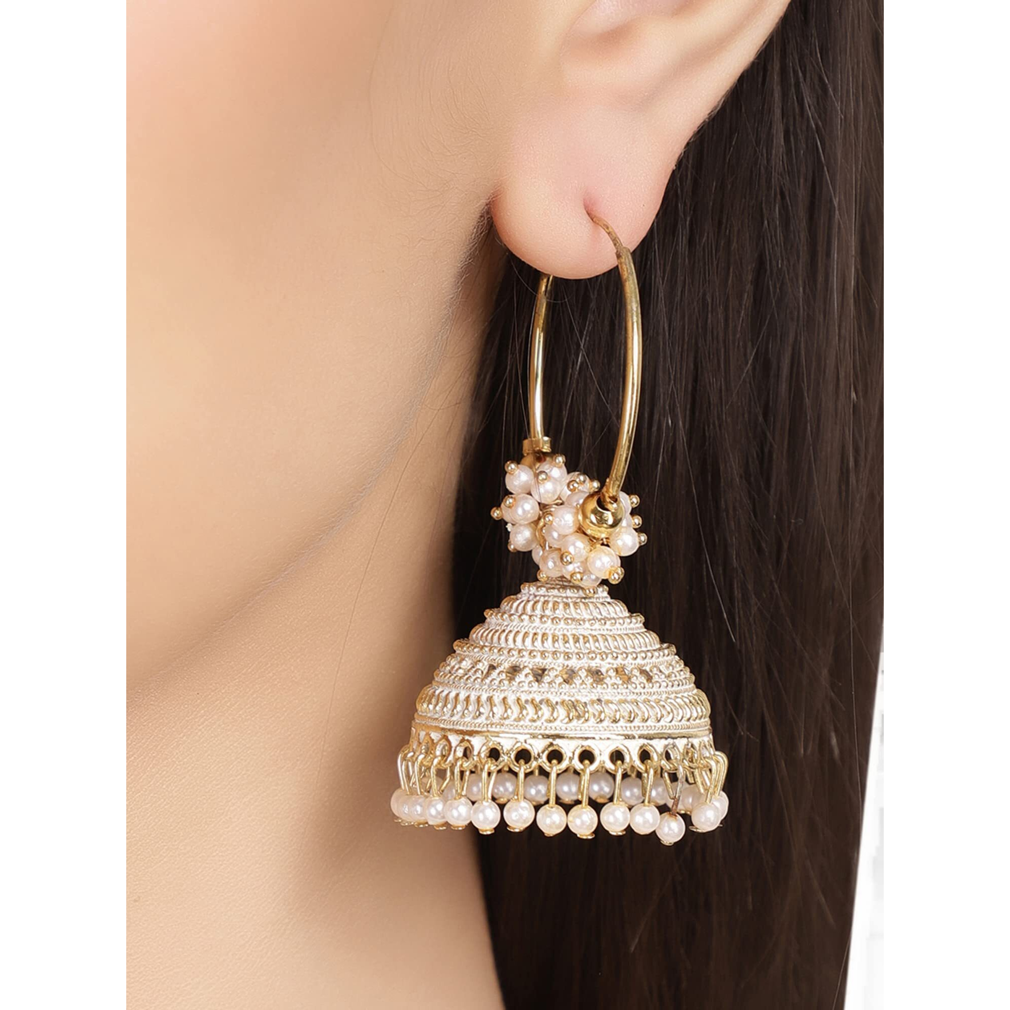 Shining Diva Fashion Latest Stylish Traditional Jhumka Jhumki Earrings for Women & Girls (13623er), Gold White