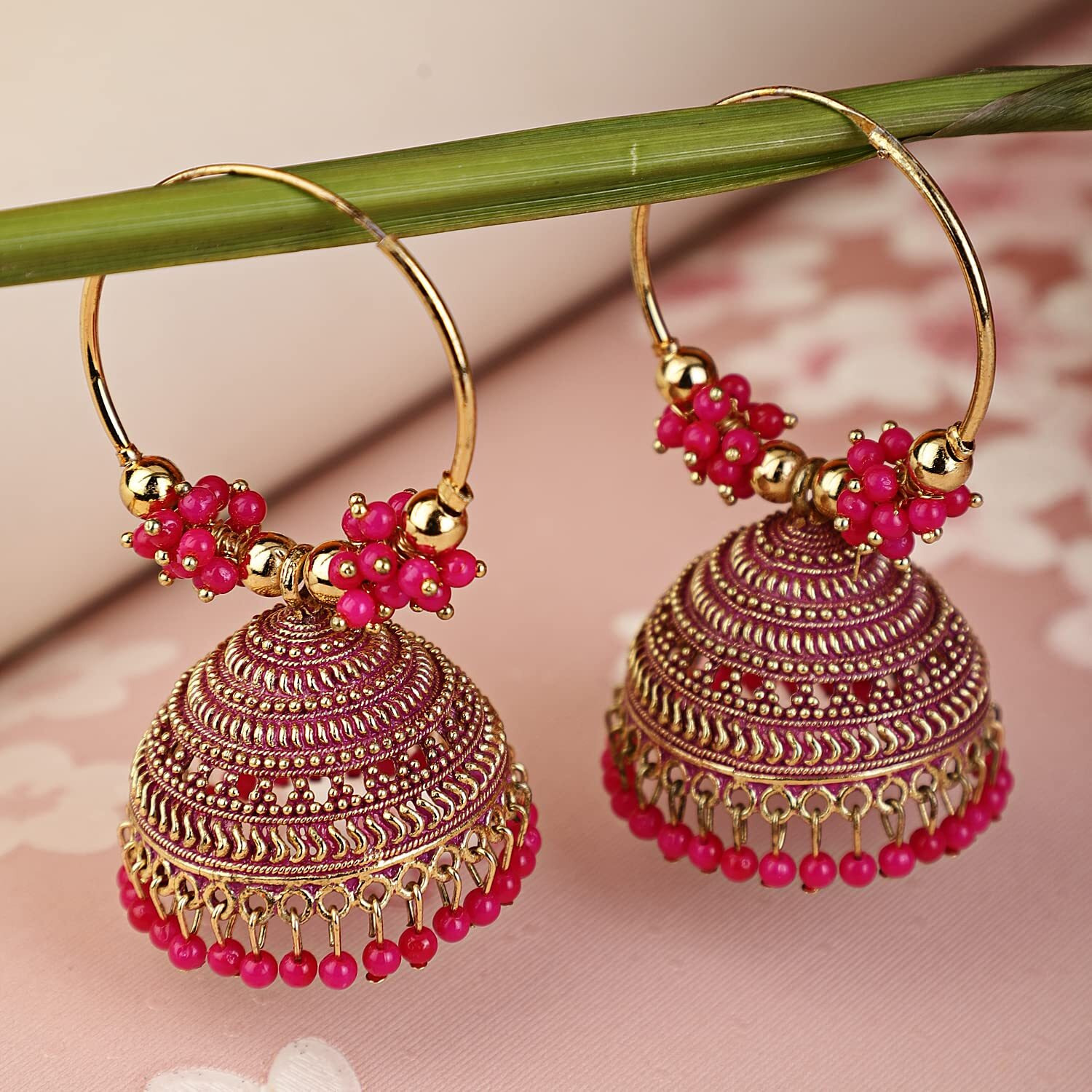 Shining Diva Fashion Latest Stylish Traditional Hoop Jhumki Earrings for Women & Girls (13625er), Gold Pink, One Size
