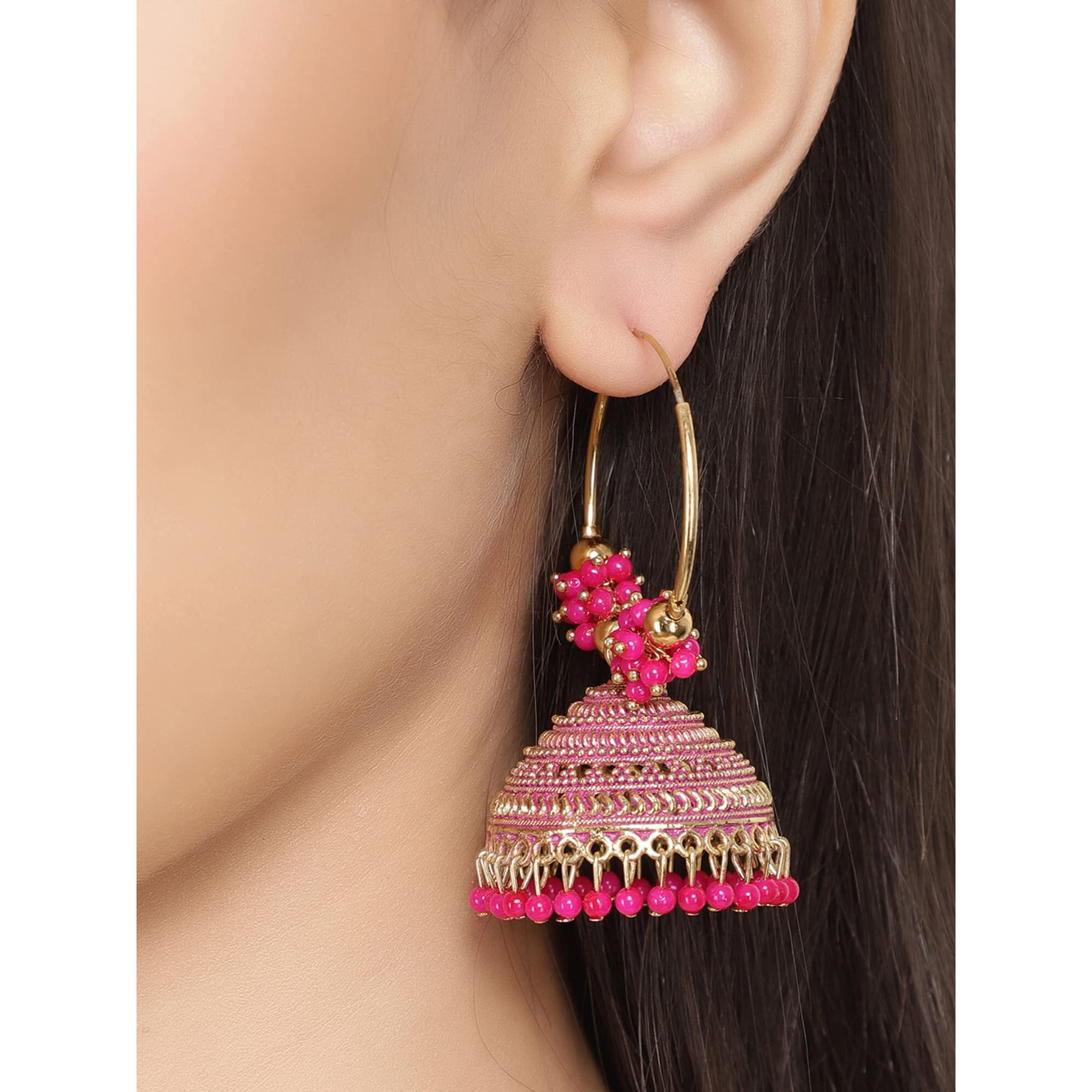 Shining Diva Fashion Latest Stylish Traditional Hoop Jhumki Earrings for Women & Girls (13625er), Gold Pink, One Size