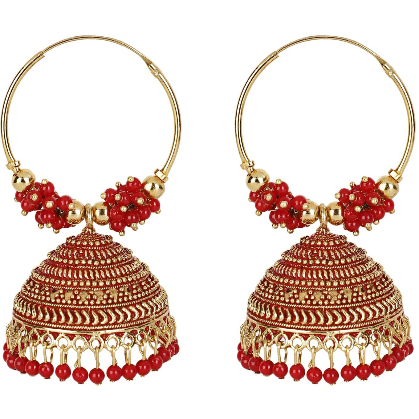 Shining Diva Fashion Latest Stylish Traditional Hoop Jhumki Earrings for Women & Girls (13621er), Gold Red, One Size