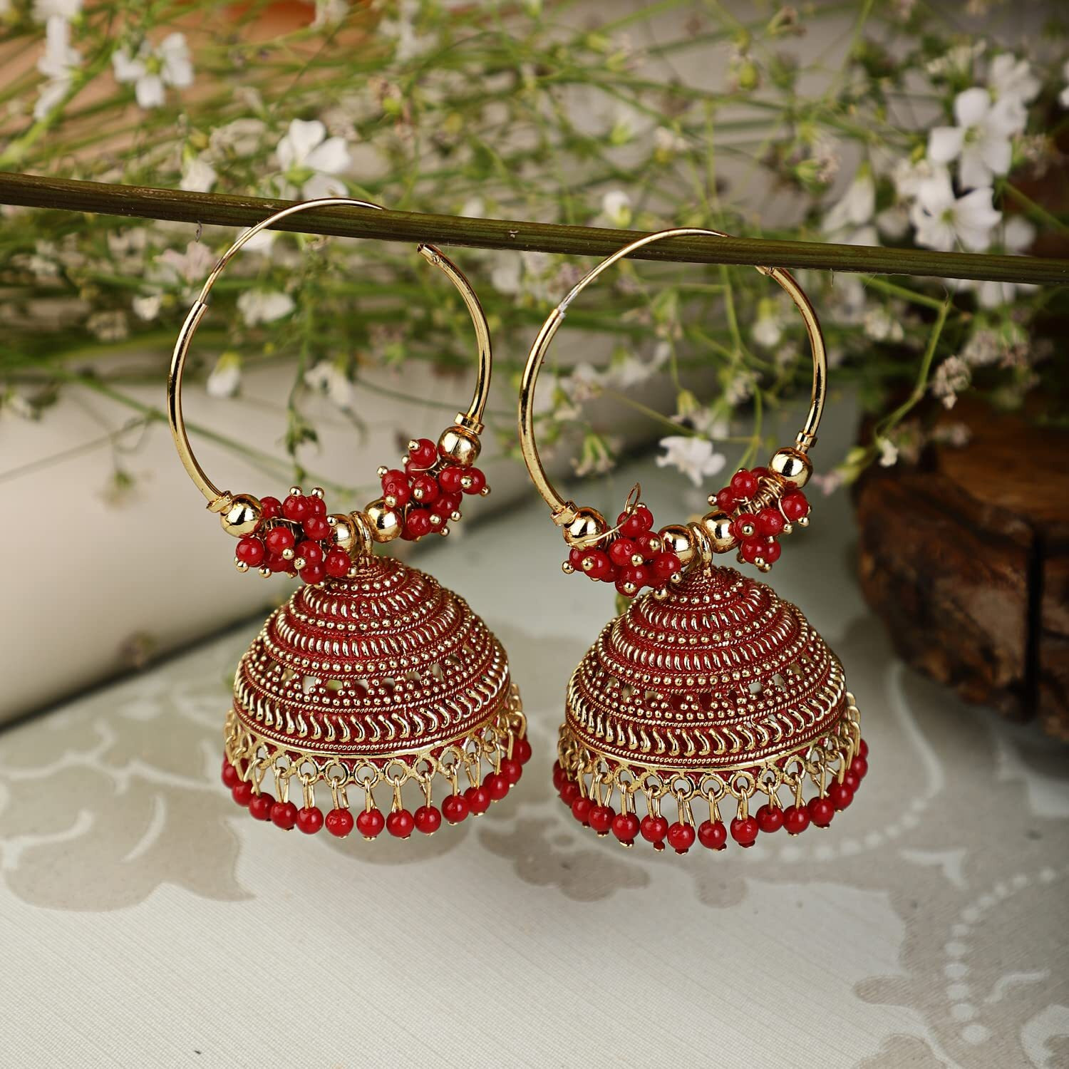 Shining Diva Fashion Latest Stylish Traditional Hoop Jhumki Earrings for Women & Girls (13621er), Gold Red, One Size