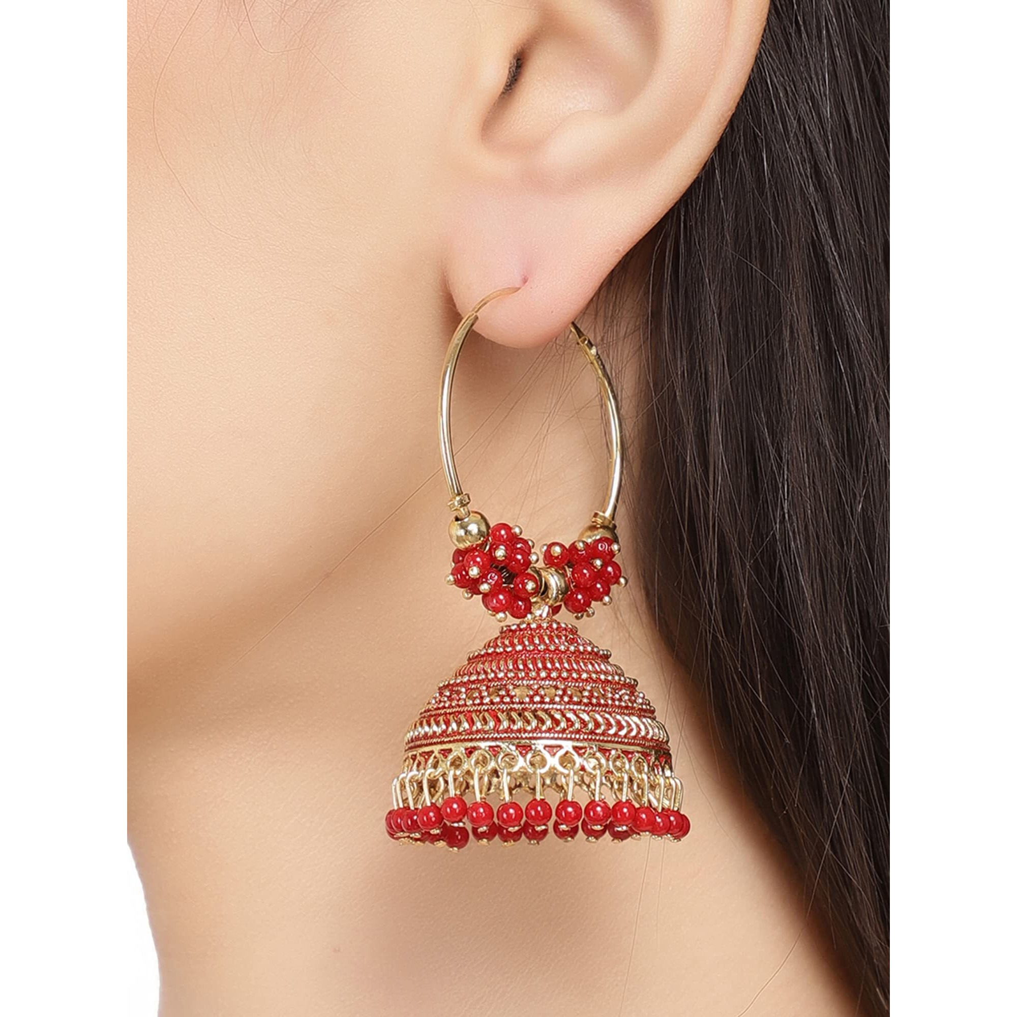 Shining Diva Fashion Latest Stylish Traditional Hoop Jhumki Earrings for Women & Girls (13621er), Gold Red, One Size