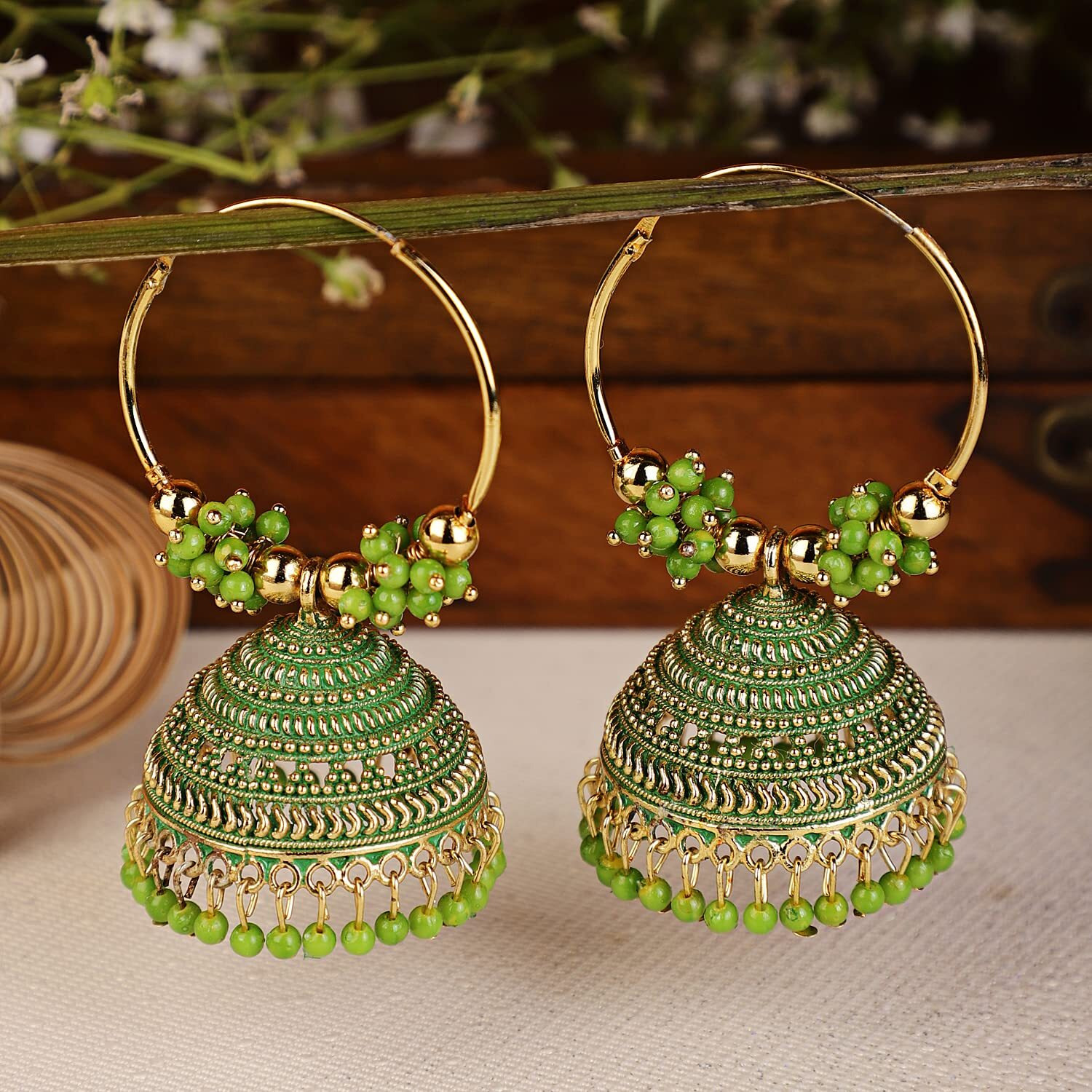 Shining Diva Fashion Latest Stylish Traditional Hoop Jhumki Earrings for Women & Girls (13617er), Gold Green, One Size
