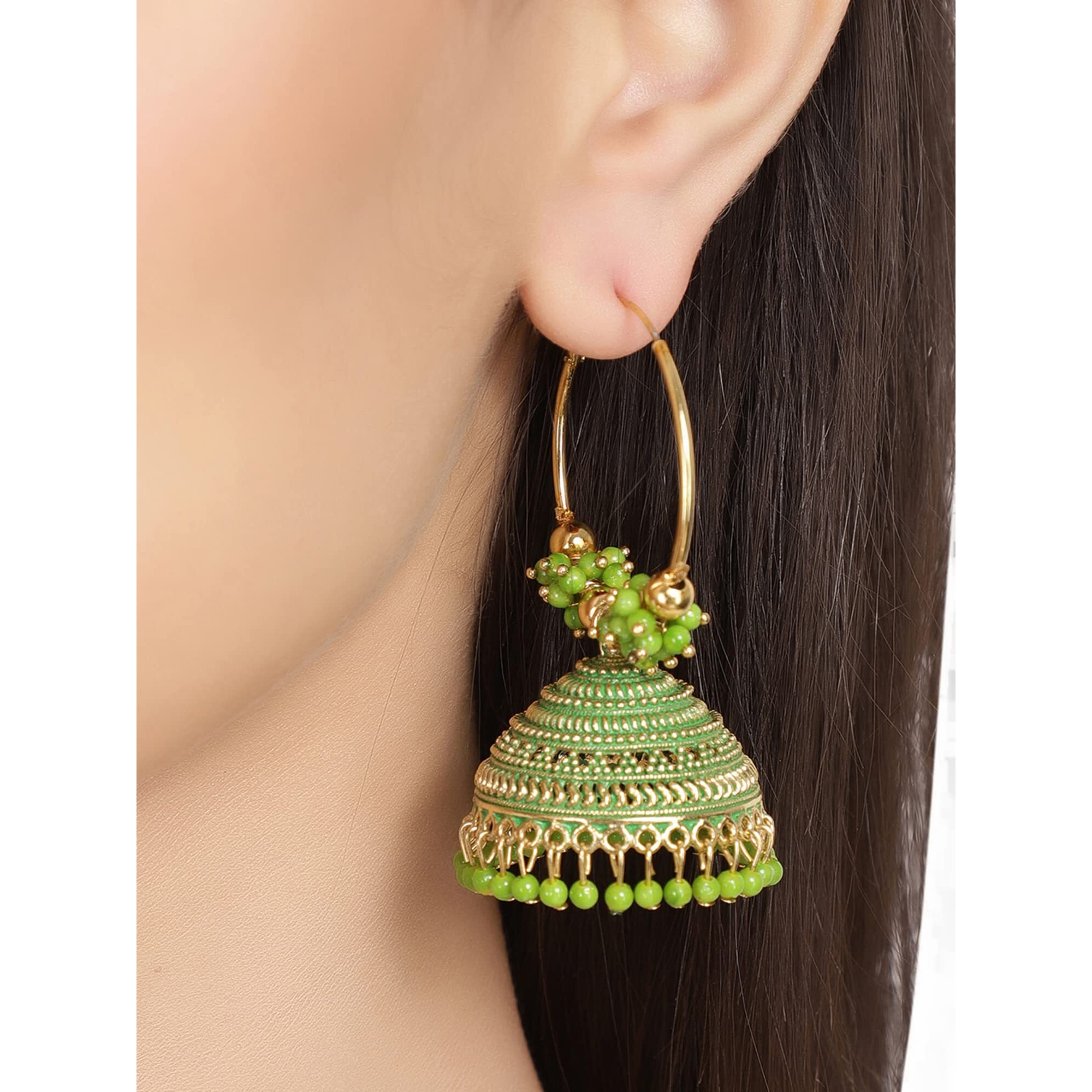 Shining Diva Fashion Latest Stylish Traditional Hoop Jhumki Earrings for Women & Girls (13617er), Gold Green, One Size