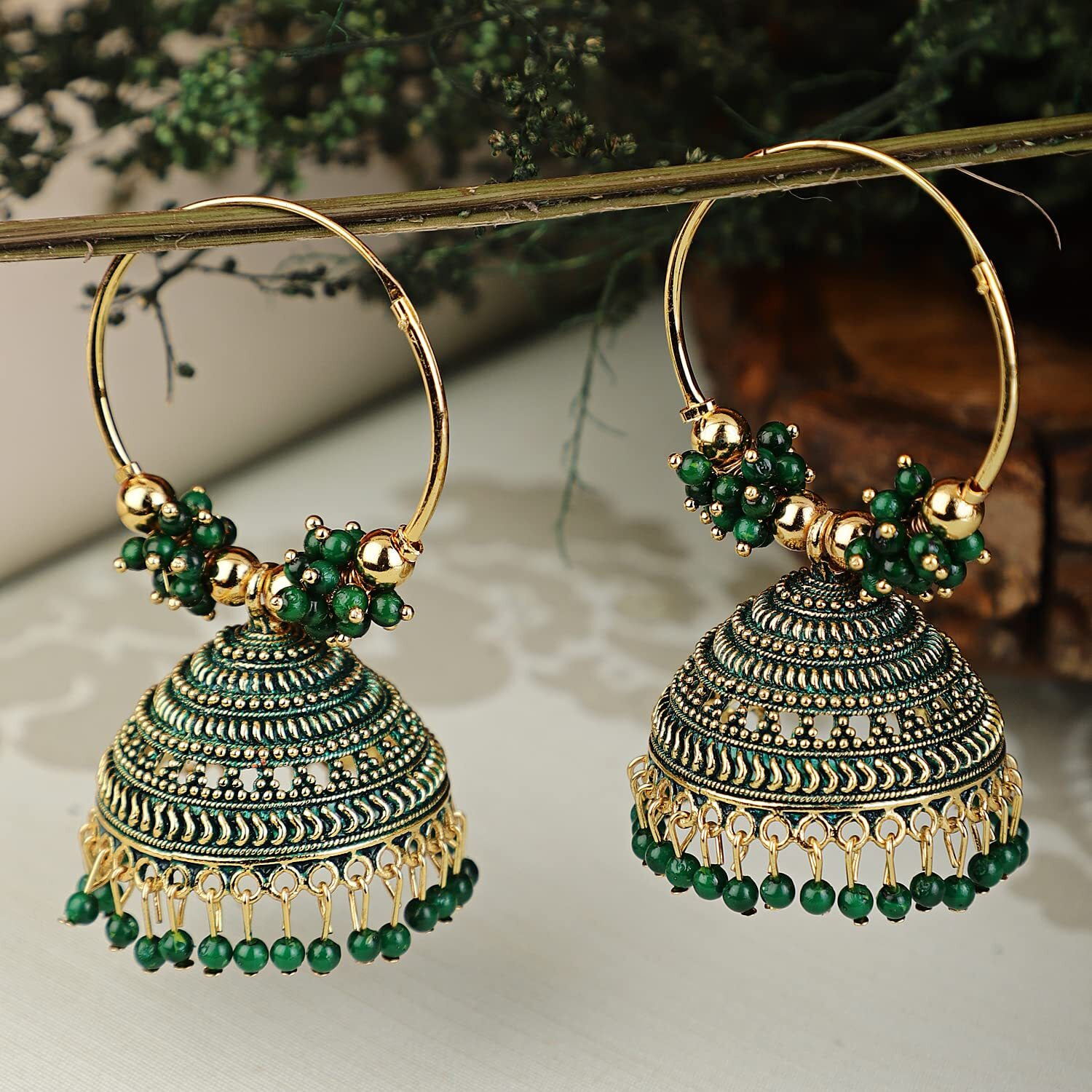 Shining Diva Fashion Latest Stylish Traditional Hoop Jhumki Earrings for Women & Girls (13618er), Gold Green1, One Size