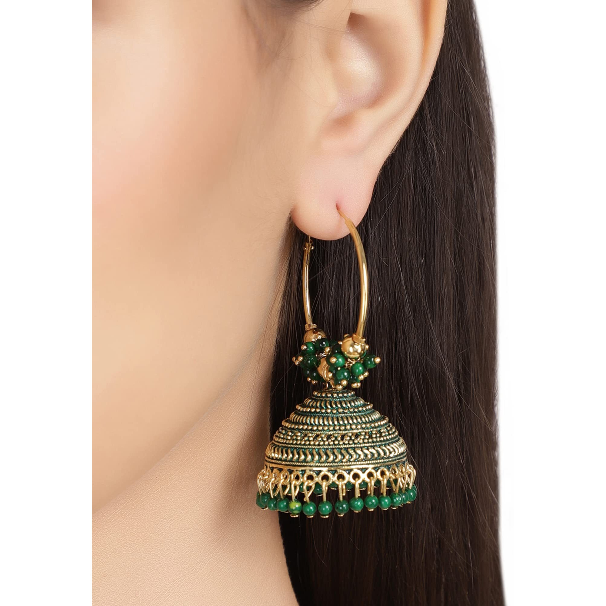 Shining Diva Fashion Latest Stylish Traditional Hoop Jhumki Earrings for Women & Girls (13618er), Gold Green1, One Size