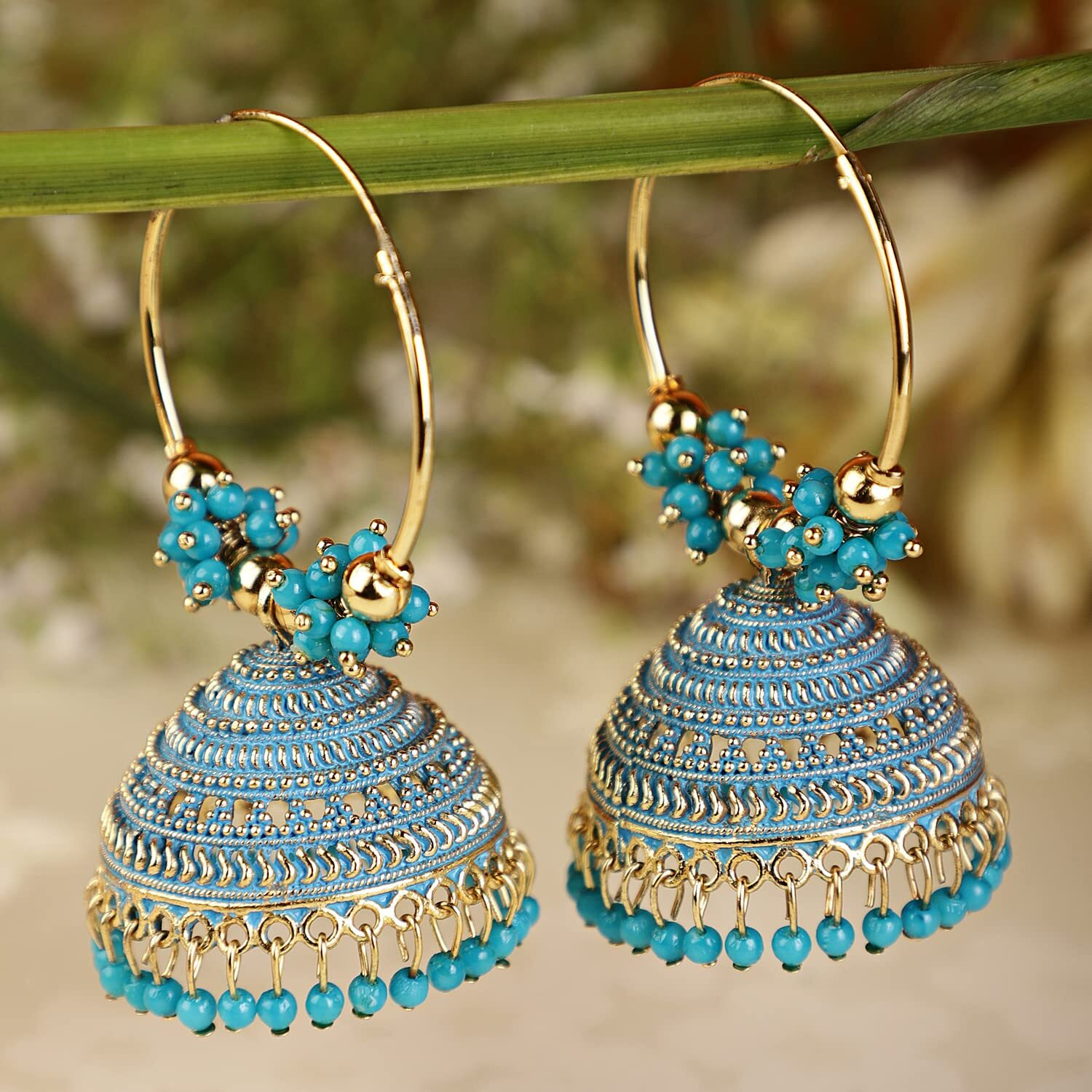 Shining Diva Fashion Latest Stylish Traditional Hoop Jhumki Earrings for Women & Girls (13620er), Gold Blue, One Size