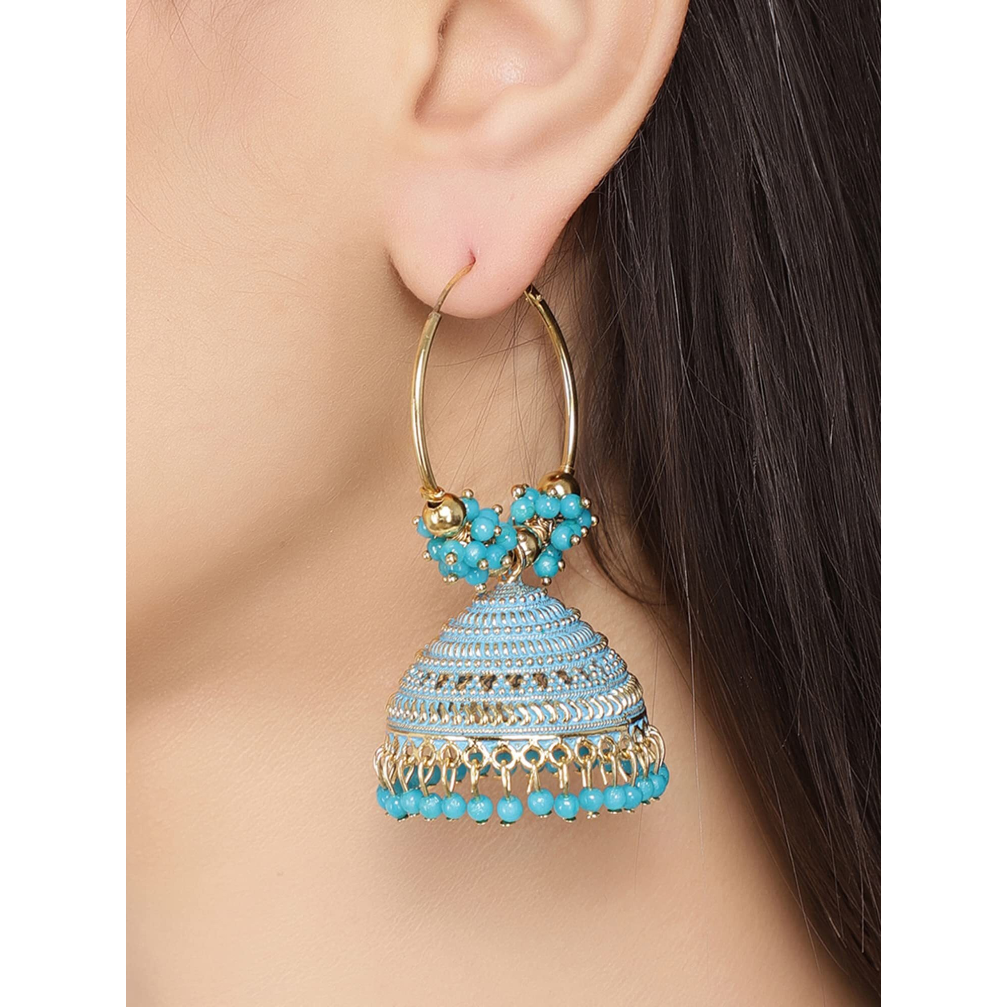 Shining Diva Fashion Latest Stylish Traditional Hoop Jhumki Earrings for Women & Girls (13620er), Gold Blue, One Size
