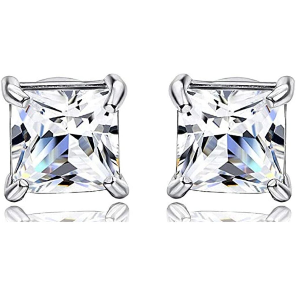 LaBling 925 Sterling Silver Square Stud Earrings Princess Cut Cubic Zirconia Tops for Men, Women, Boys and Girls - Silver 6mm