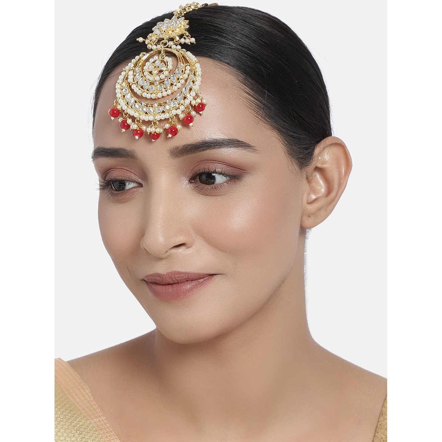 I Jewels 18K Gold Plated Traditional Kundan Studded with Pearls Maang Tikka for Women/Girls (T2038R)