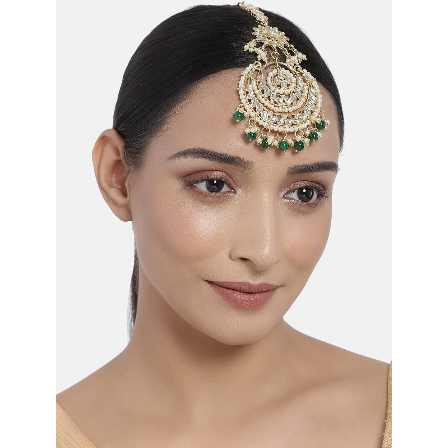 I Jewels 18K Gold Plated Traditional Kundan Studded with pearls Maang Tikka for Women/Girls (T2038G)