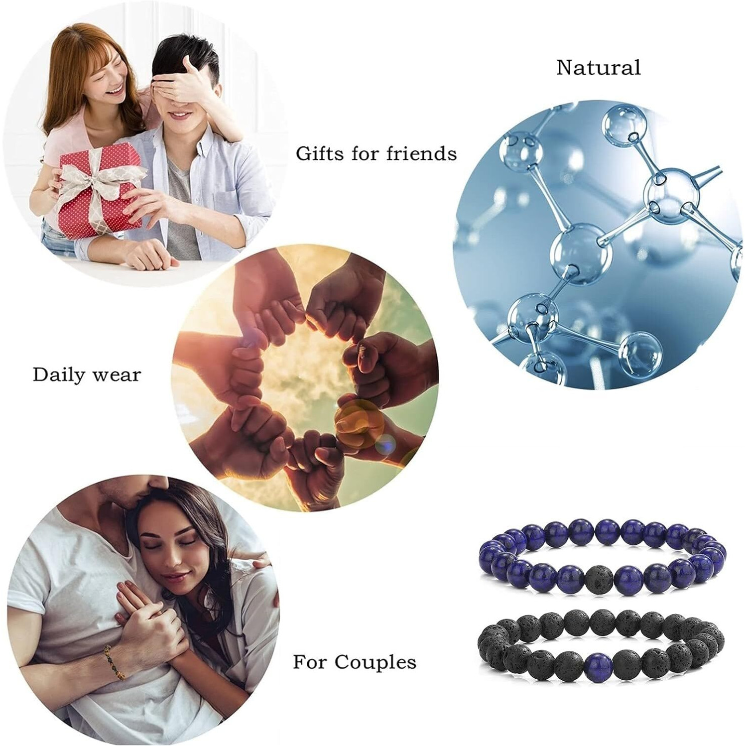 Couple Beads Long Distance Bracelets with Natural Stones and Healing Properties - His & Hers Matching Set. (Terra Fusion Bracelet (Lapis Lazuli + Lava Stone))