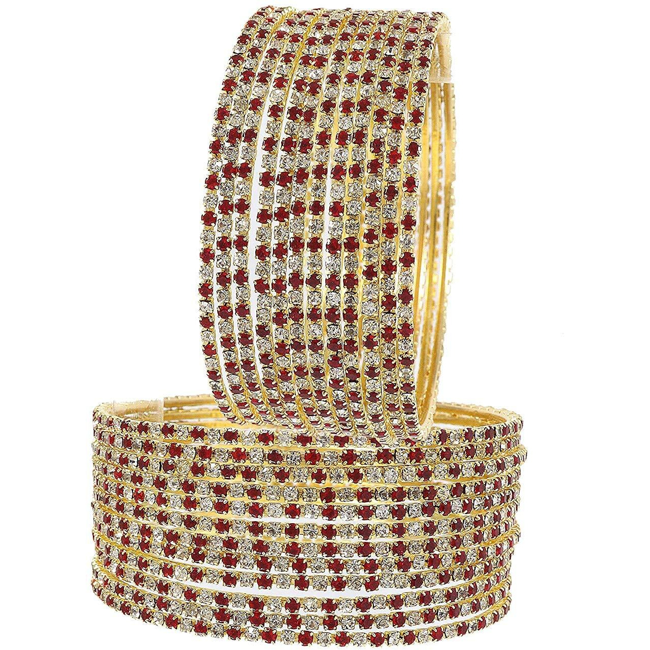 ZULKA Non-Precious Metal Base Metal with Zircon Gemstone Studded worked Glossy Finished Bangle Set For Women and Girls, (Red-White 2_2.4 Inches), Pack Of 24 Bangle Set