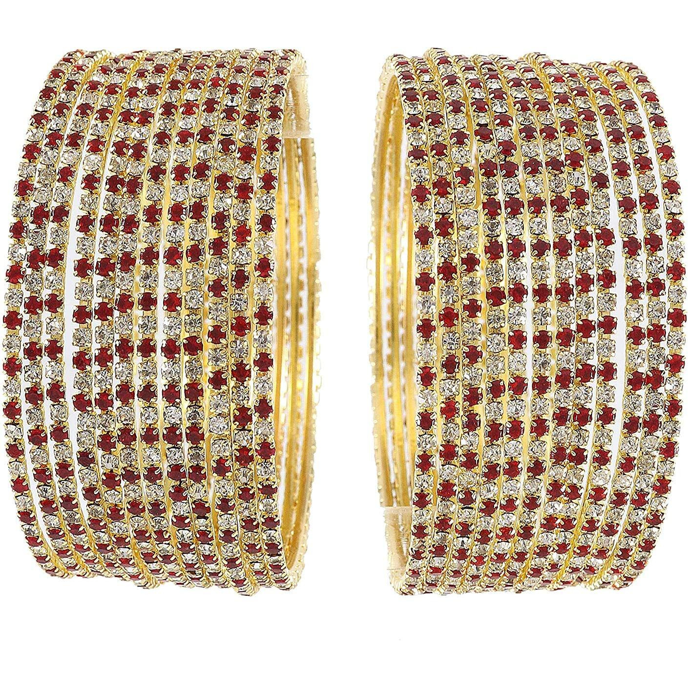ZULKA Non-Precious Metal Base Metal with Zircon Gemstone Studded worked Glossy Finished Bangle Set For Women and Girls, (Red-White 2_2.4 Inches), Pack Of 24 Bangle Set
