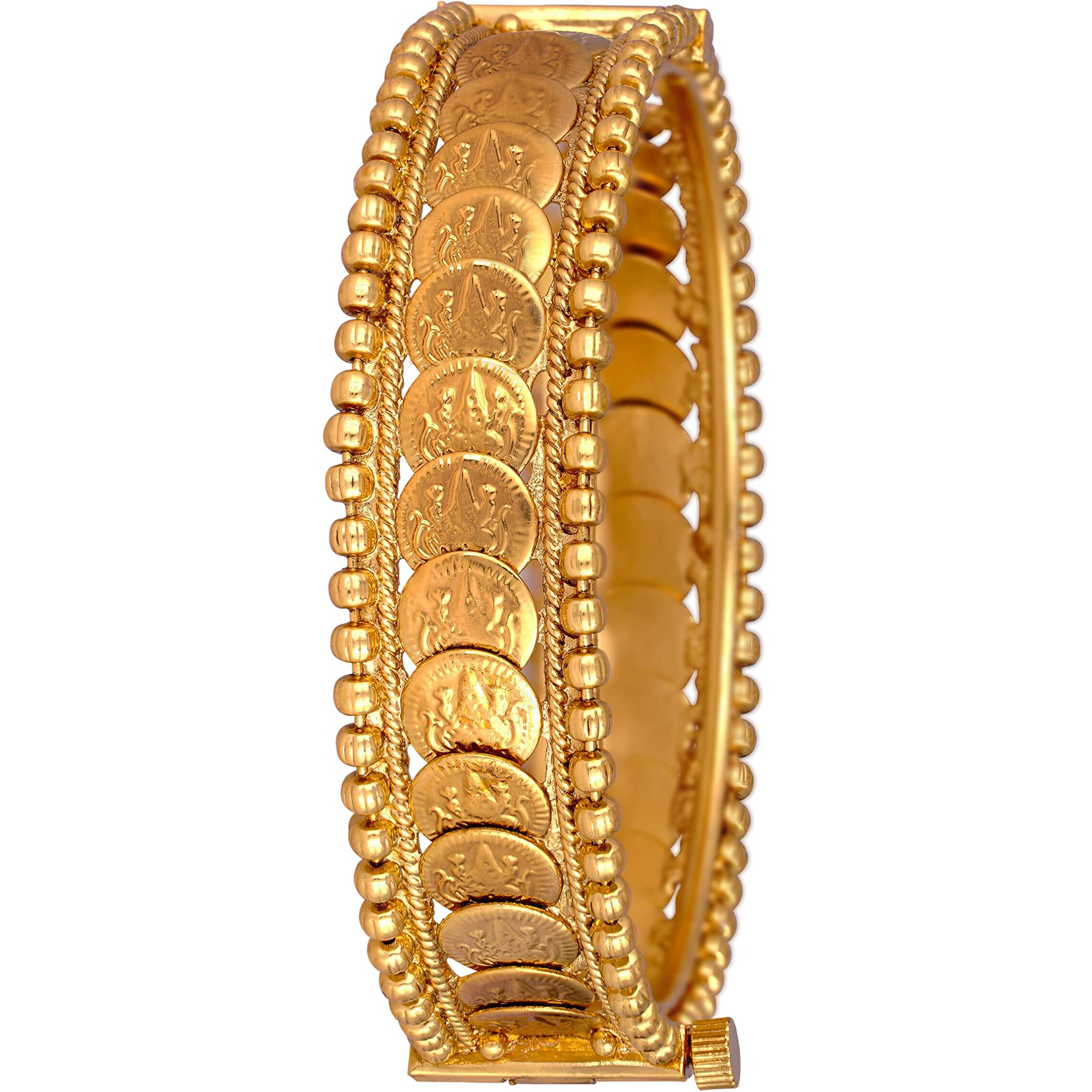 JFL - Jewellery for Less Fashion 1 Gram Gold Plated Laxmi Coin Oxidised Latest Copper Openable Golden Kada for Women & Girls.
