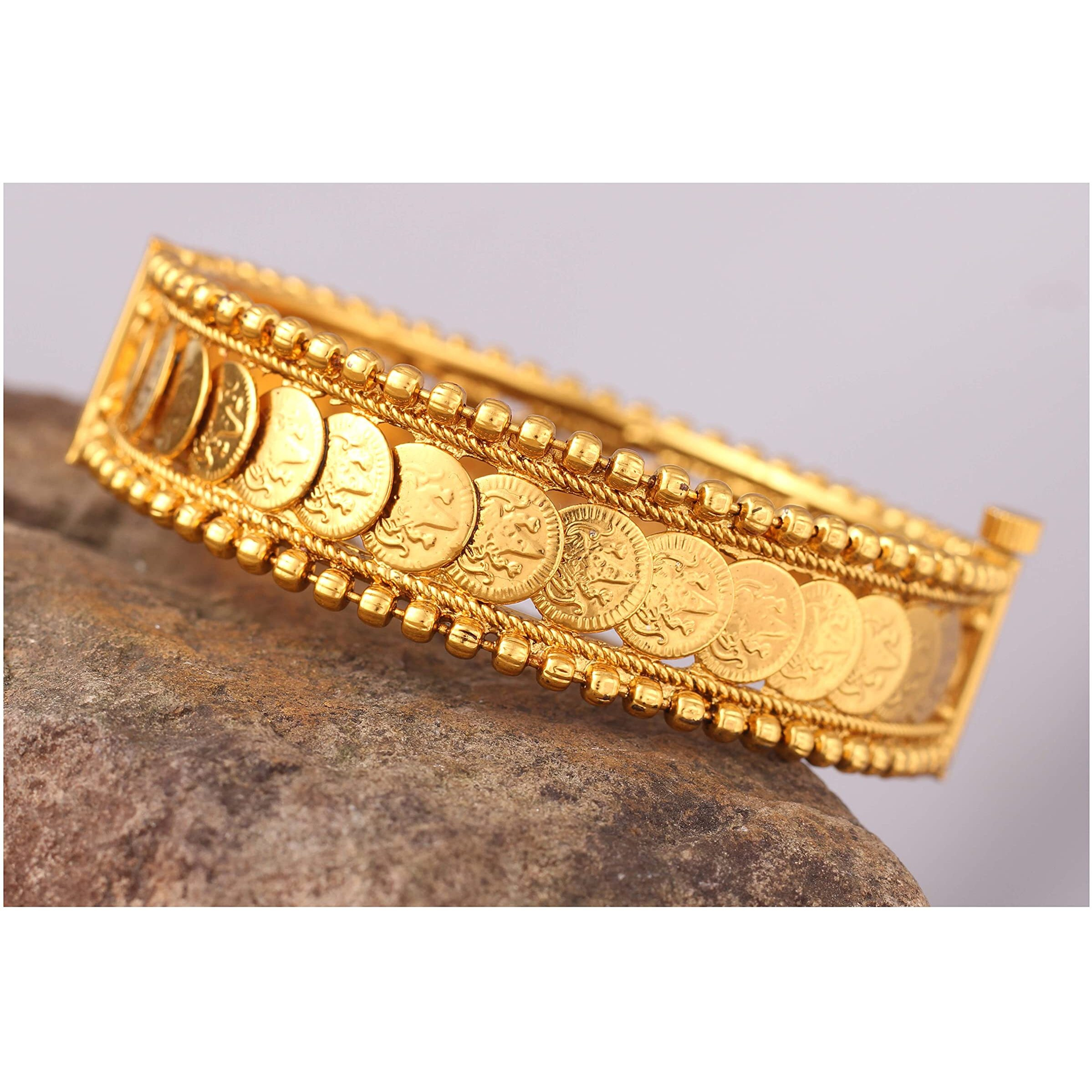 JFL - Jewellery for Less Fashion 1 Gram Gold Plated Laxmi Coin Oxidised Latest Copper Openable Golden Kada for Women & Girls.
